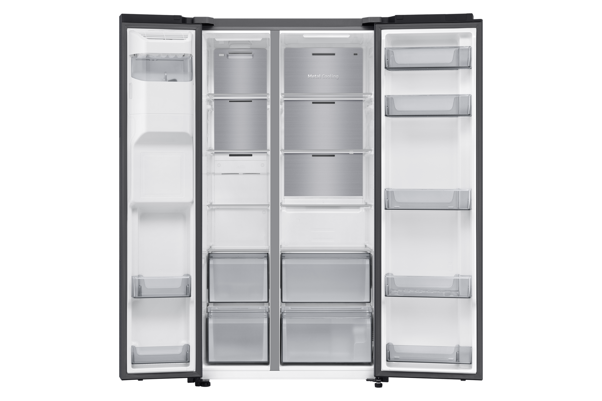 Geöffnete Doppeltür-Kühlschrank, silberne Innenräume, Regale und Schubladen sichtbar. Schwarze Außenseite.