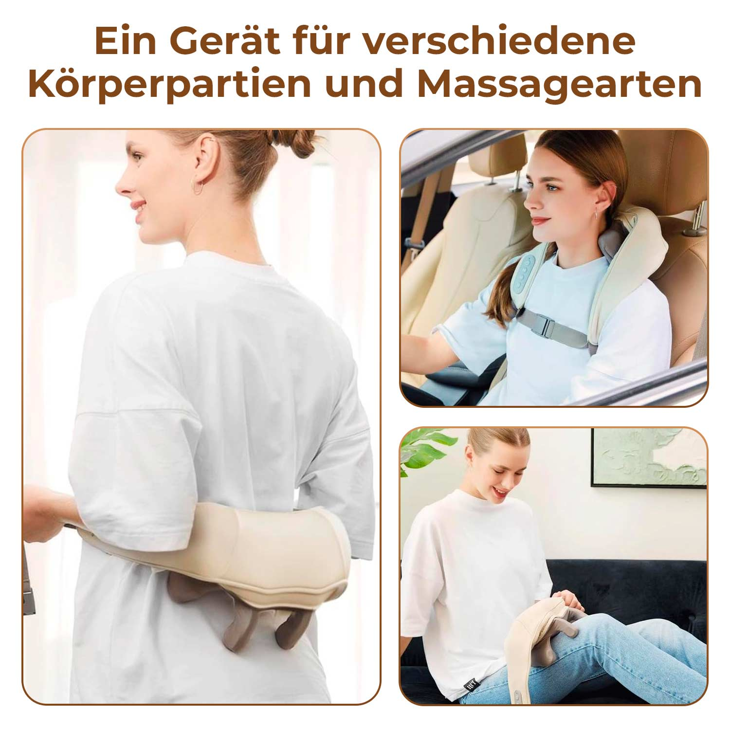 Frau benutzt Massagegerät am Rücken, im Auto und auf der Couch. Das Produkt ist beige.