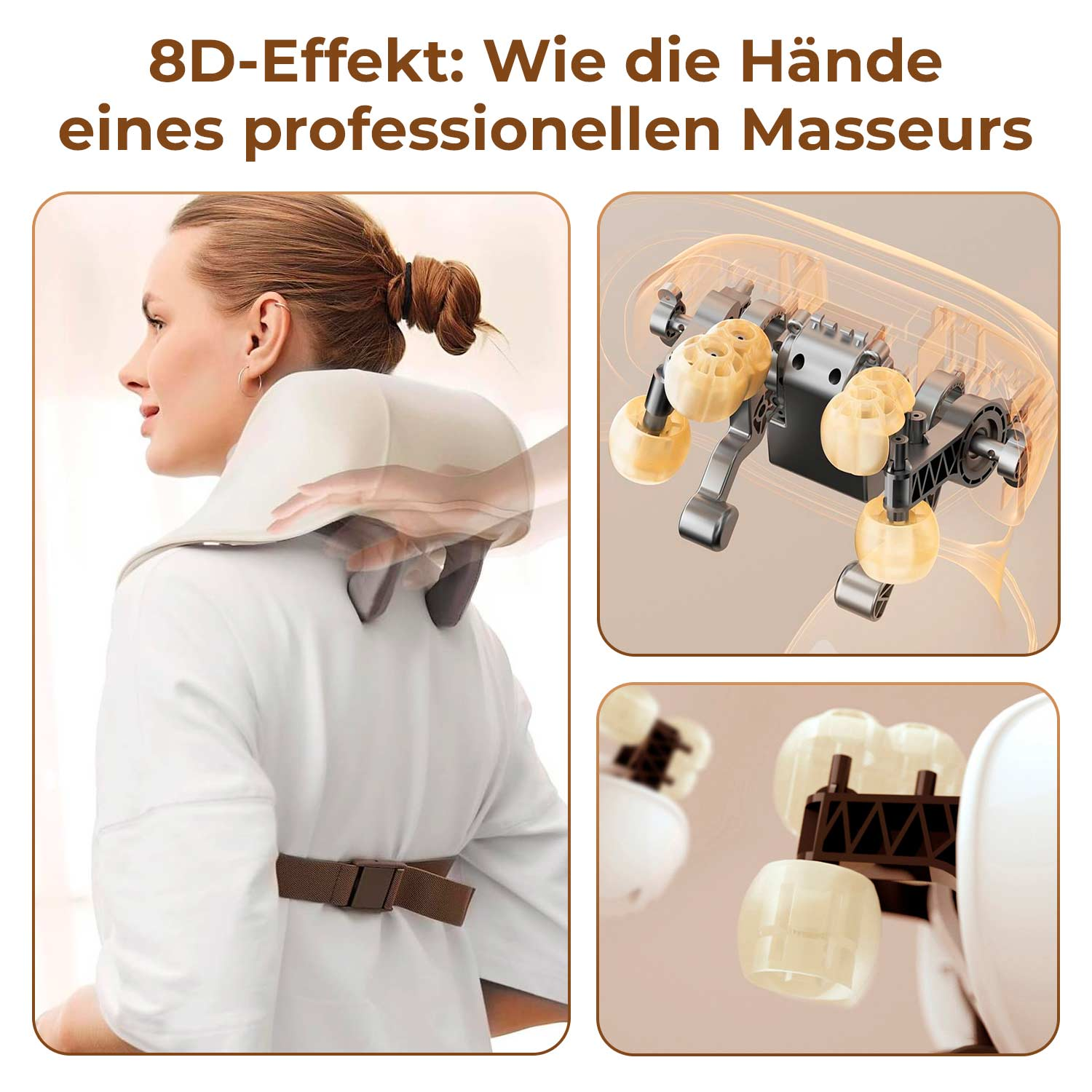 Eine Frau benutzt ein Nackenmassagegerät. Zusätzliche Bilder zeigen die Mechanik und Funktionen.