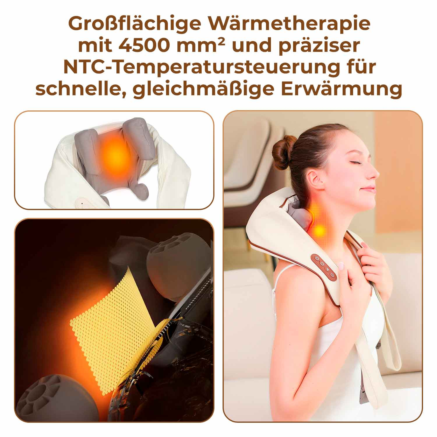 Frau benutzt Nackenmassagegerät. Zusätzliche Produktaufnahmen. Weißer Hintergrund.