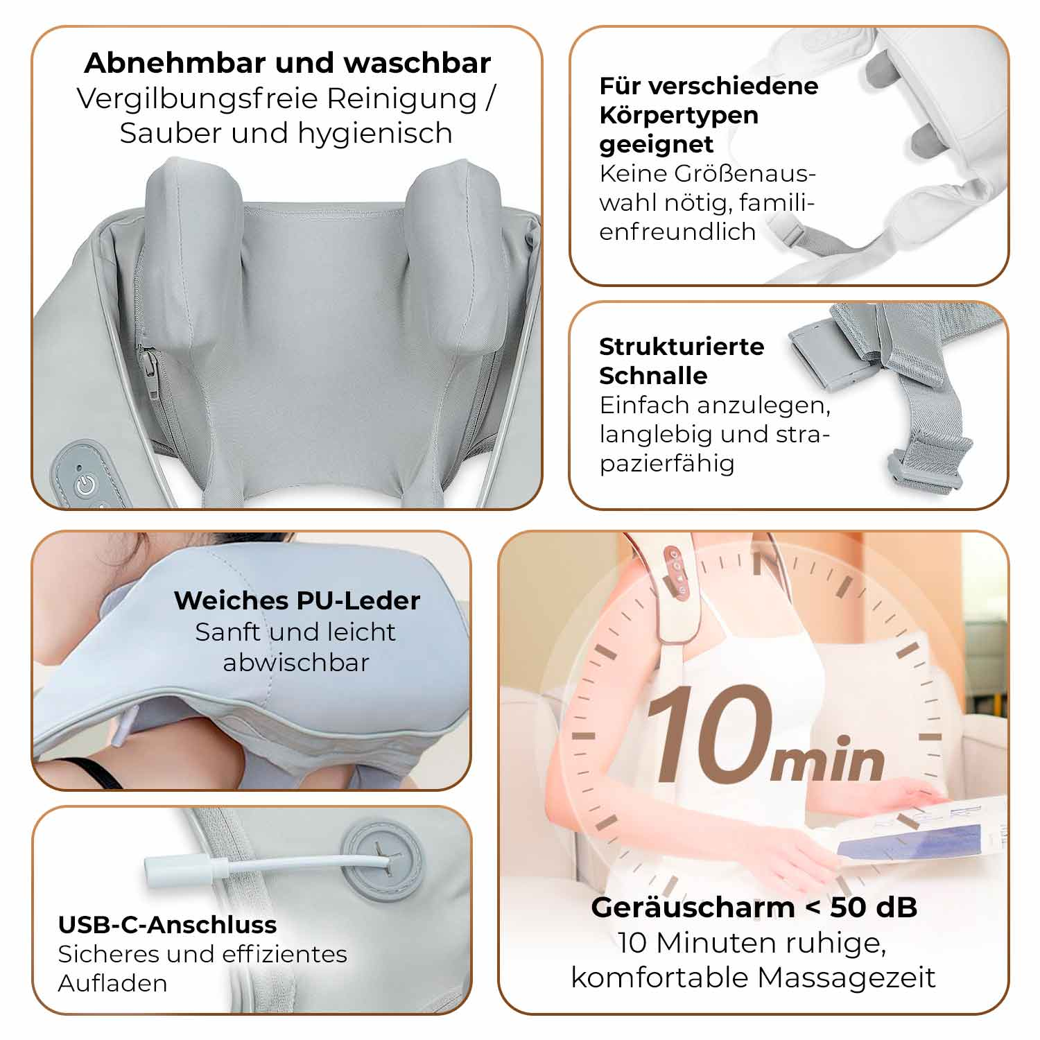 Diagramm mit Text und Bildern, das ein Nackenmassagegerät mit Funktionen und Anweisungen erklärt.