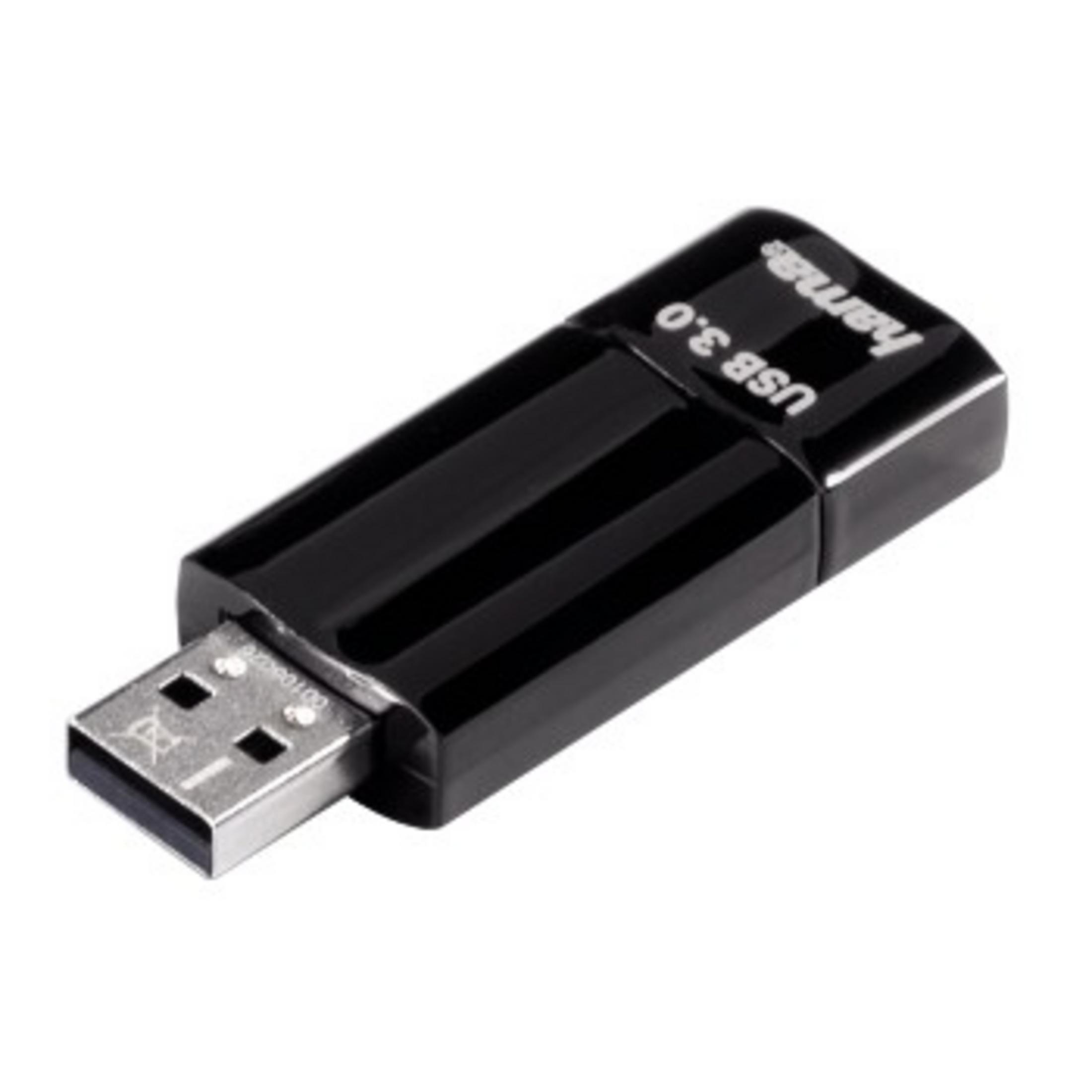 Ein schwarzer USB-3.0-Flash-Laufwerk mit dem Wort "hama" und "USB 3.0" darauf.