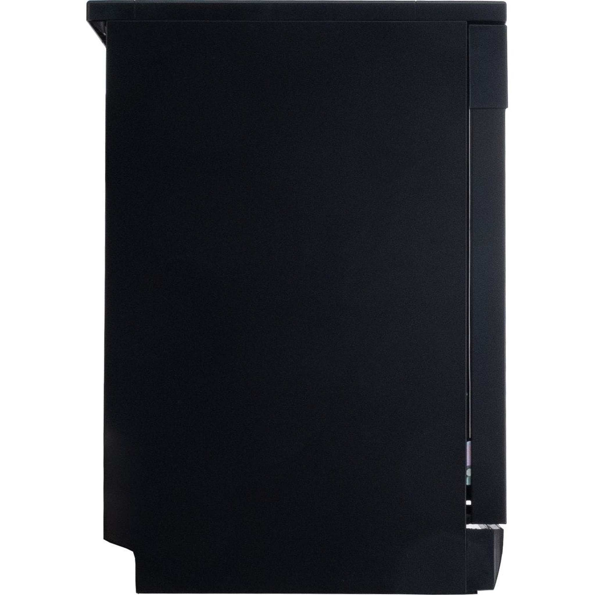 A black dishwasher, side view. The side is smooth and black.