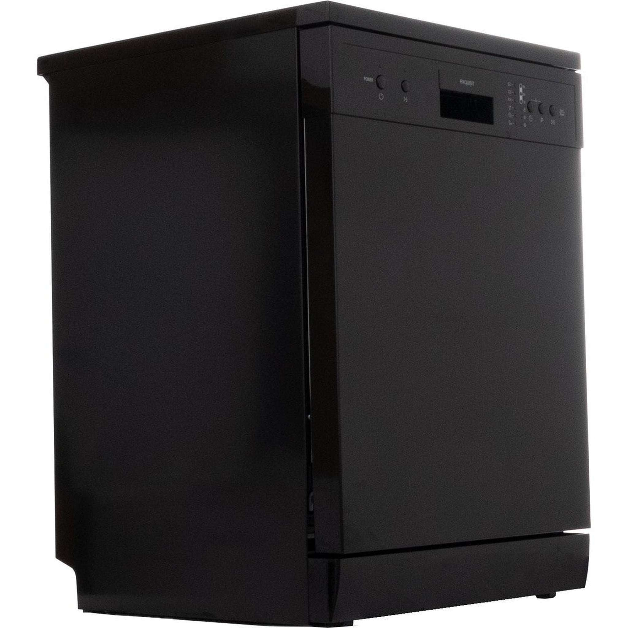A black dishwasher, angled view. The control panel is on the top. Brand name is Exquisit.