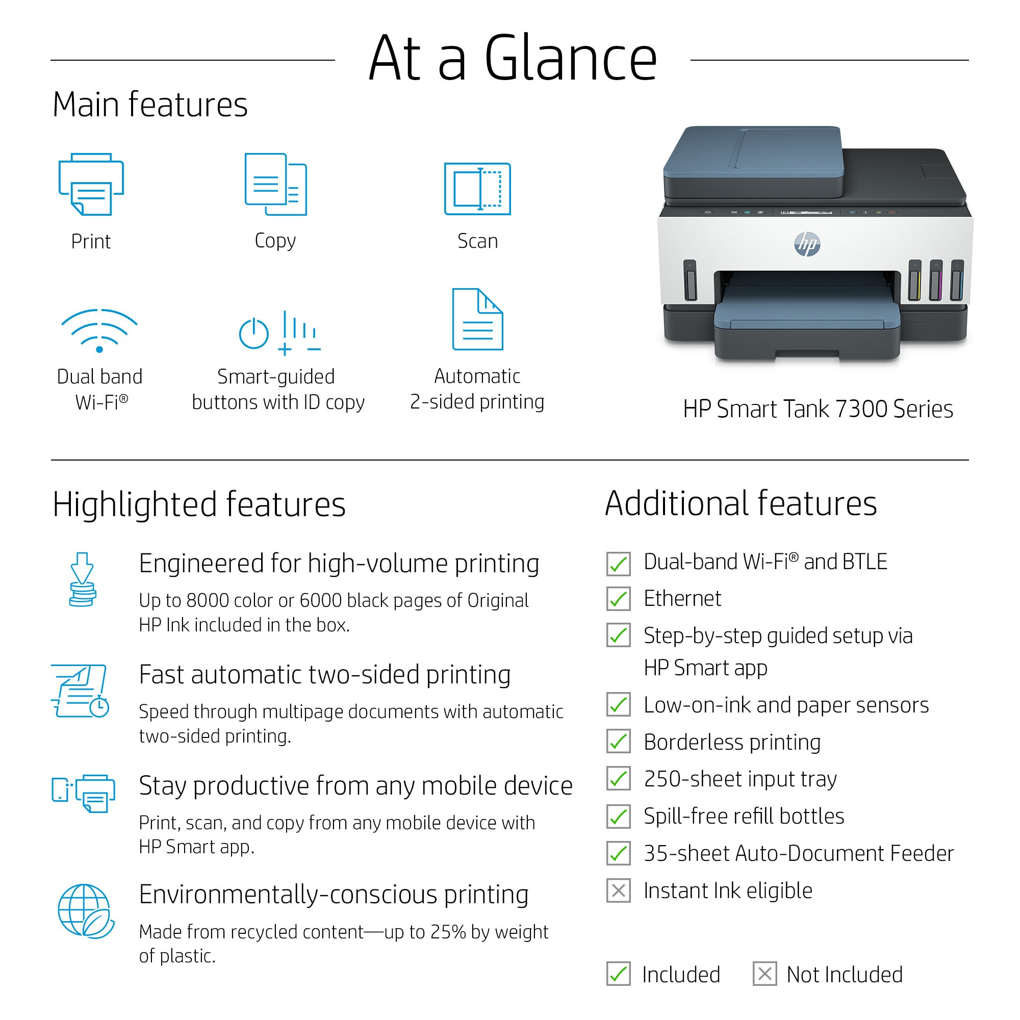 Descripción general de la impresora HP Smart Tank 7300 Series, sus características y características adicionales.