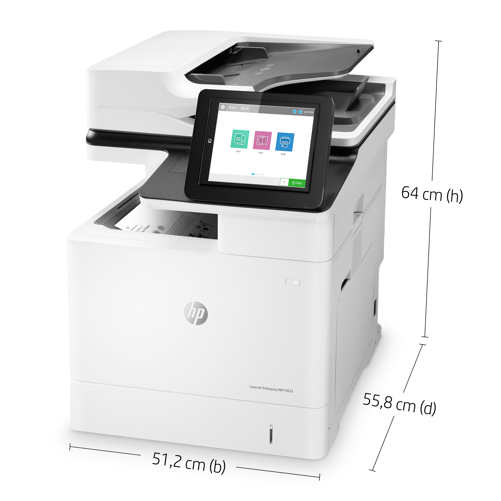 Biała drukarka HP z ekranem dotykowym. Wymiary: 51,2cm(b), 55,8cm(g) i 64cm(w).