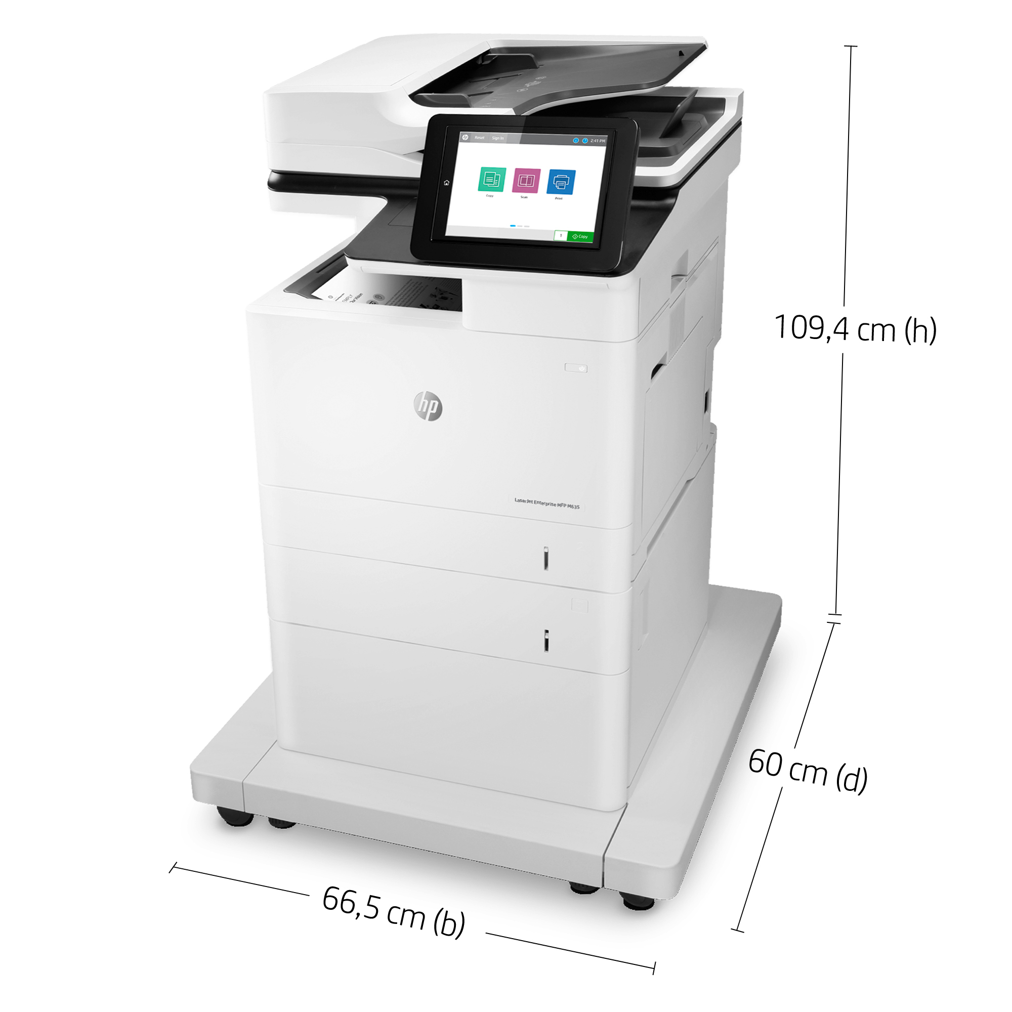 Una grande stampante bianca con dimensioni, touchscreen e diversi vassoi di ingresso.