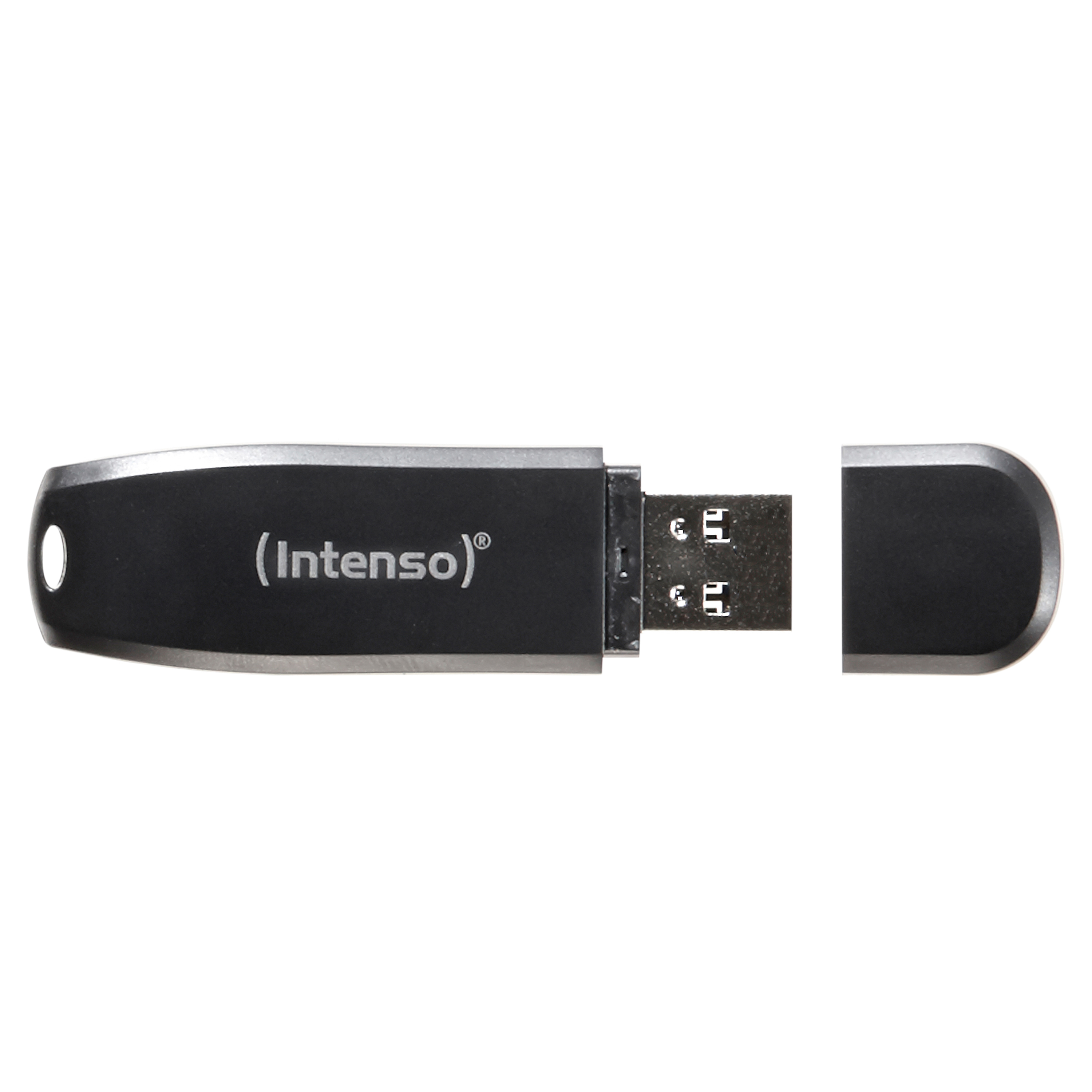 Ein schwarzer USB-Stick mit dem Intenso-Logo, Kappe entfernt.