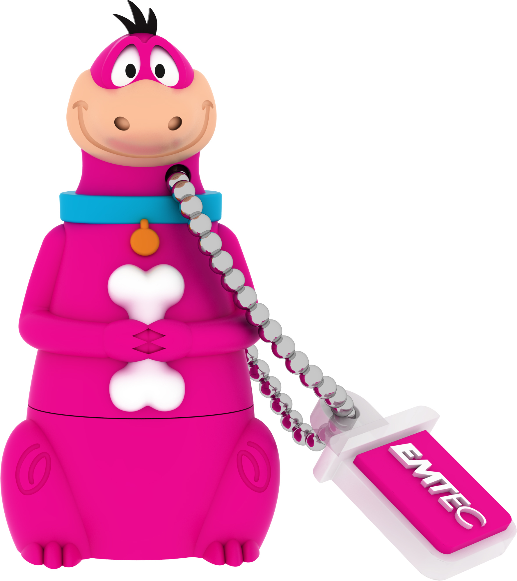 Rosa dinosaurierförmiger USB-Stick mit Kette. Er hat einen Knochen und ein EMTEC-Etikett.