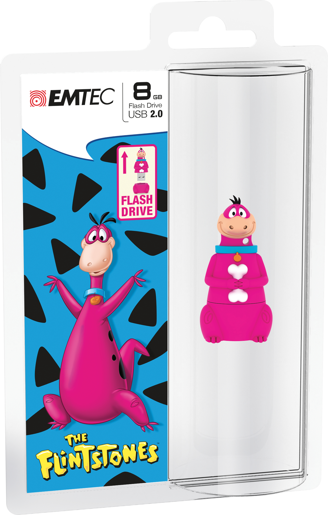 USB-Flash-Laufwerk im Flintstones-Design in Verpackung, rosa Dino-Figur.