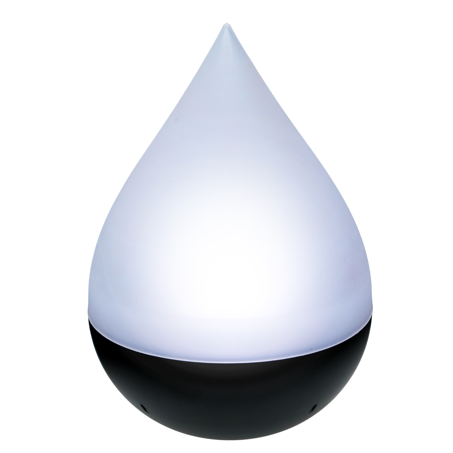 Druppelvormige lamp. De bovenkant is wit en doorschijnend, de onderkant is zwart en ondoorzichtig.