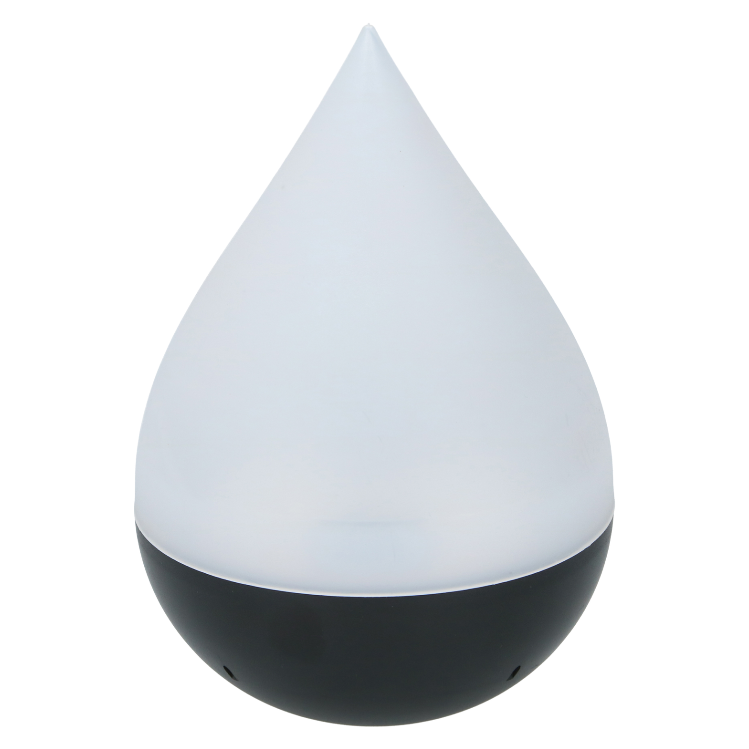 Wit en zwarte druppelvormige lamp met een witte bovenkant en een zwarte basis. De lamp staat op een witte achtergrond.