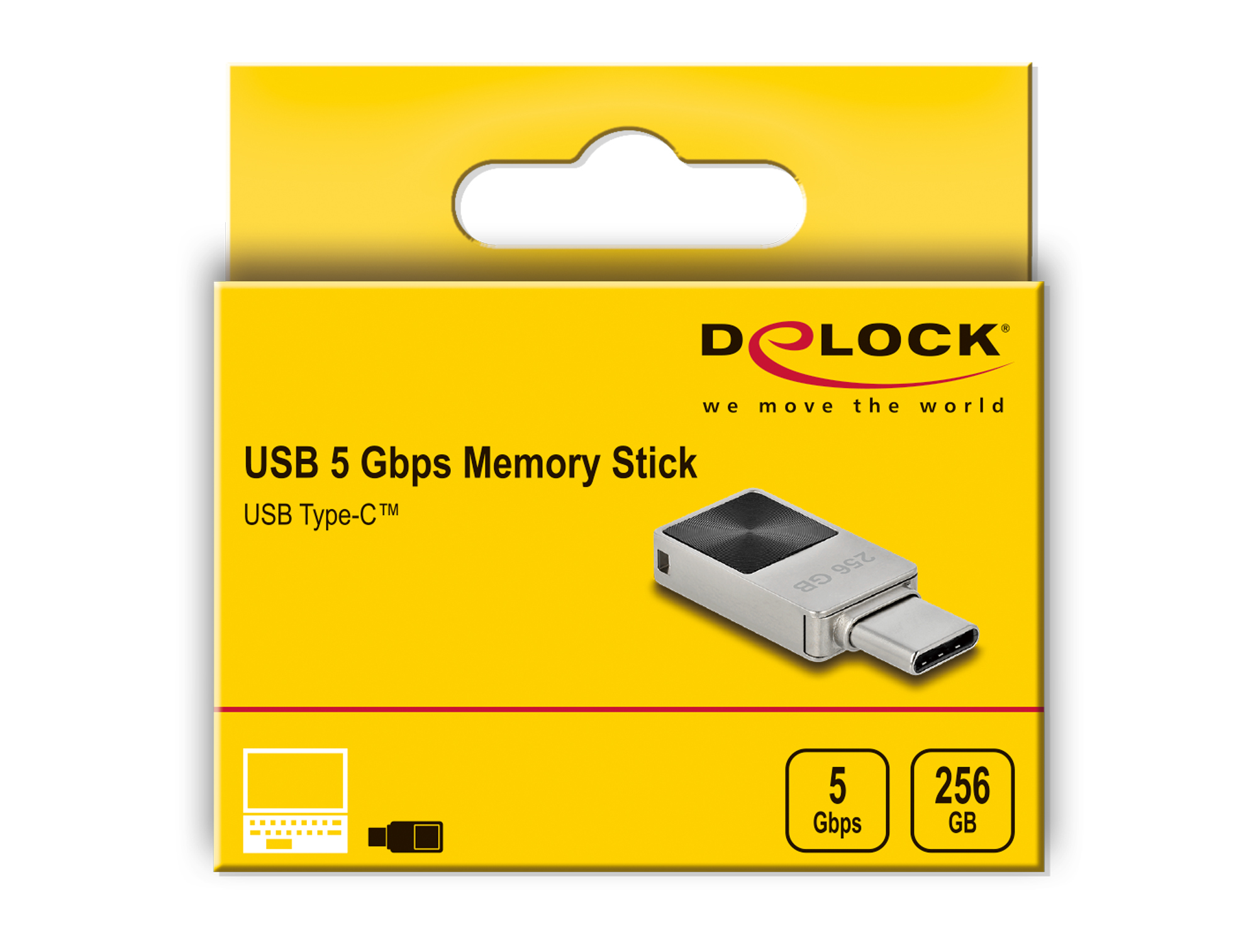 Pamięć USB 5 Gbps w żółtym pudełku. Pamięć jest srebrna i ma złącze USB Type-C.