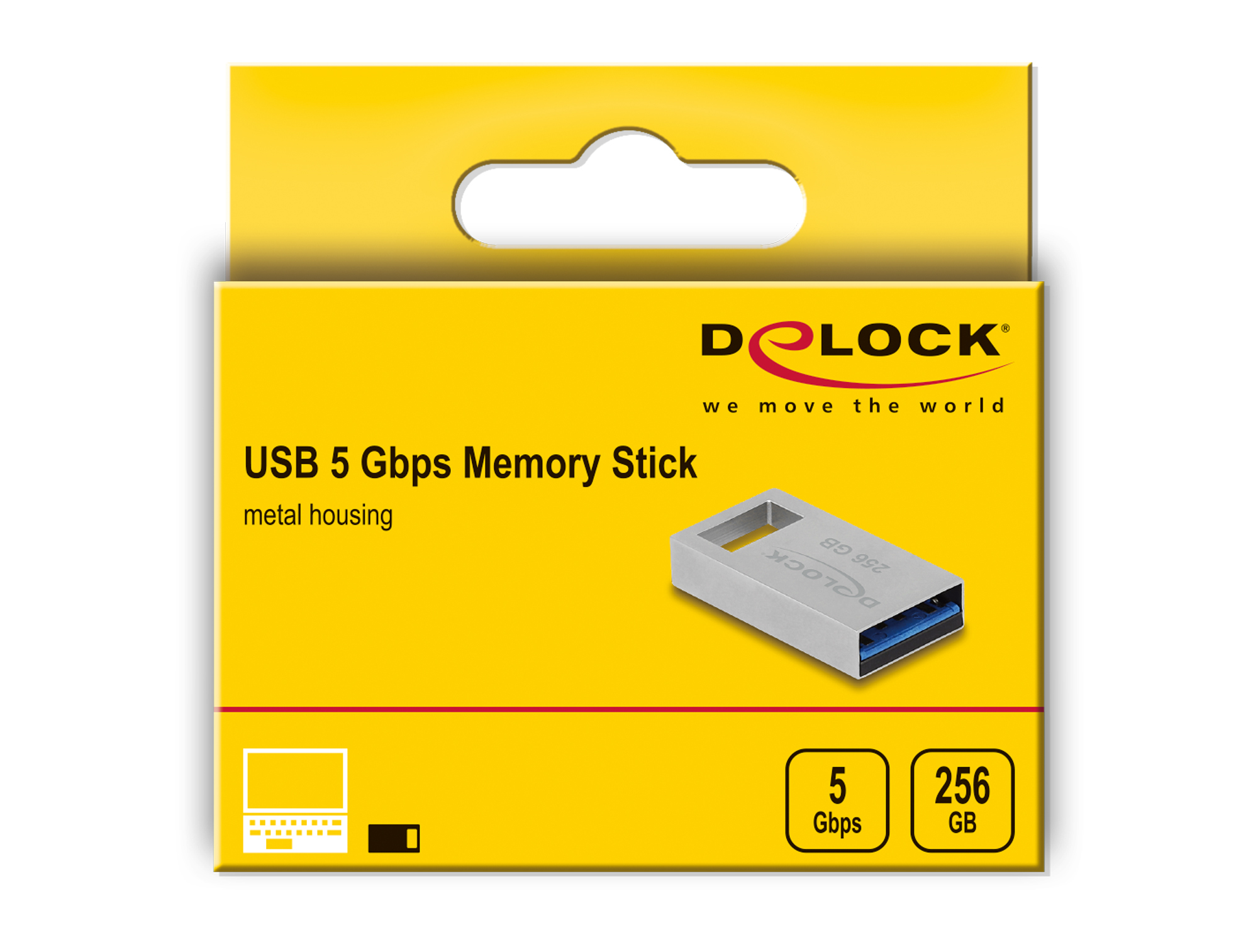 Żółte pudełko ze srebrnym pendrivem USB 5 Gbps w środku, z tekstem i logo na froncie.