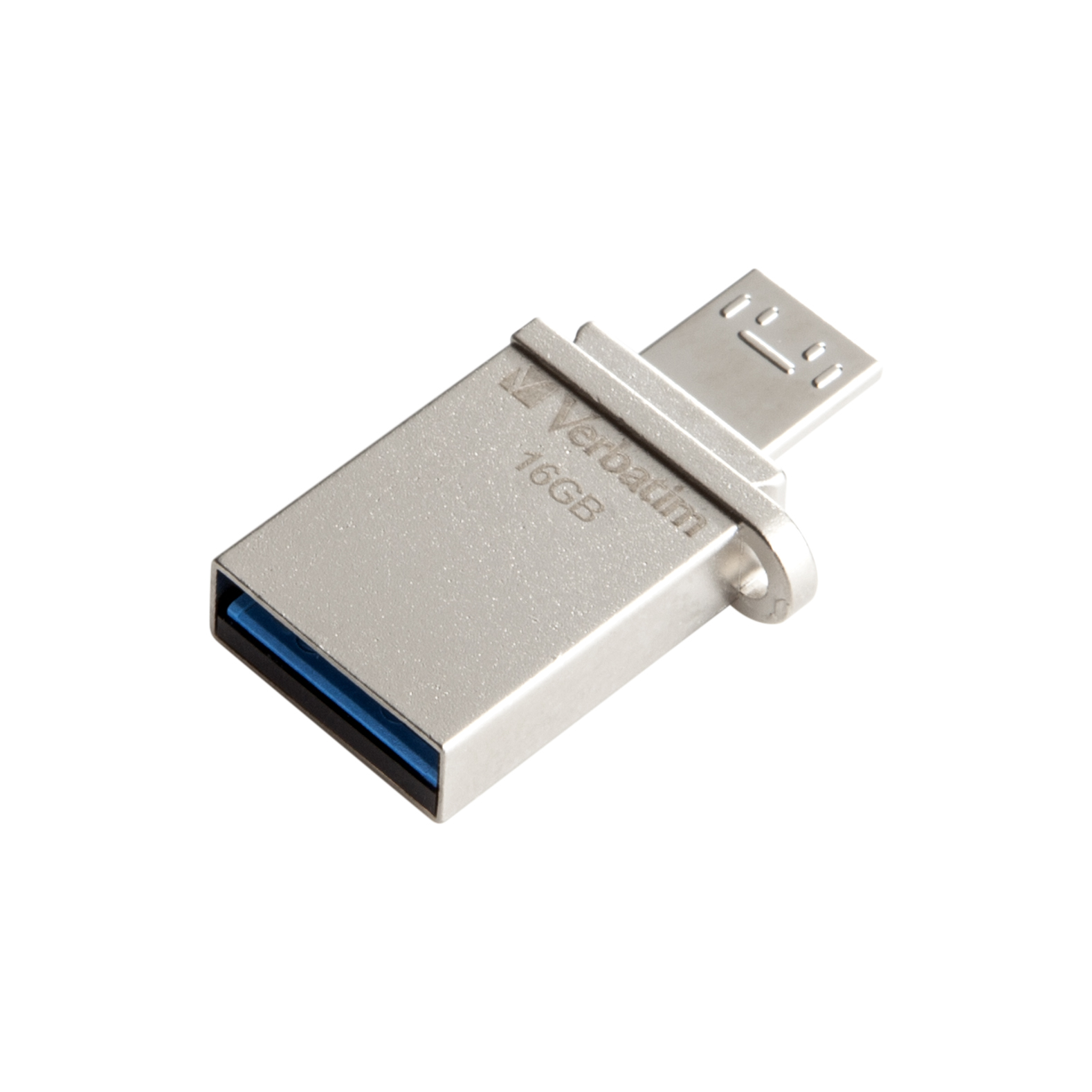 Srebrny pendrive USB Verbatim 16 GB z niebieskim portem USB na białym tle.