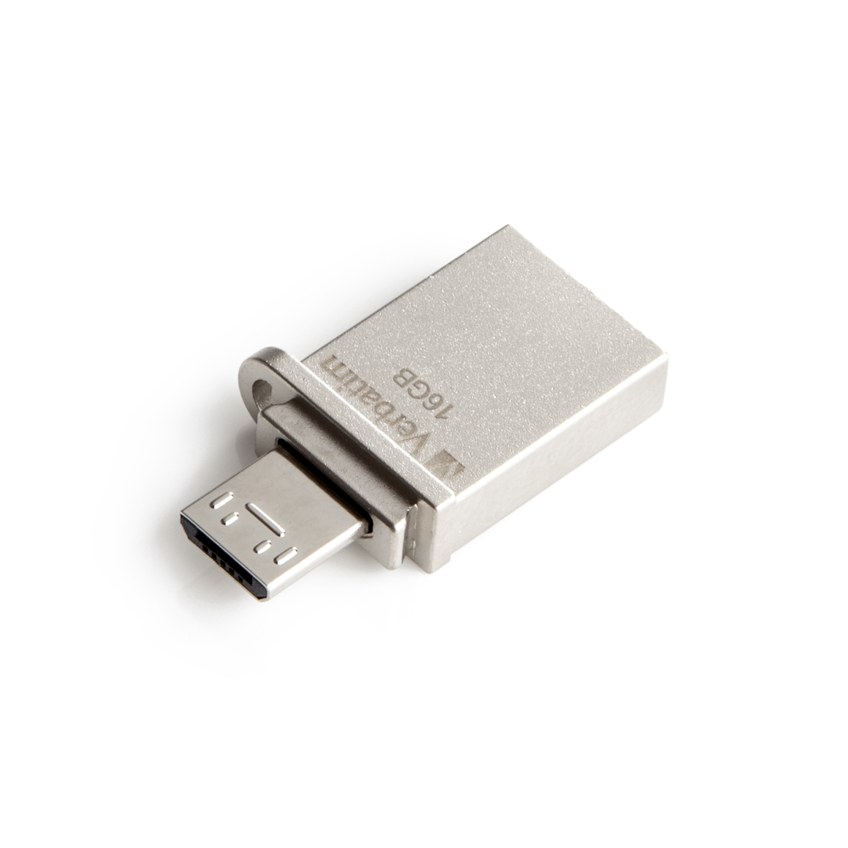 Srebrny pendrive, 16 GB, ze złączem USB.