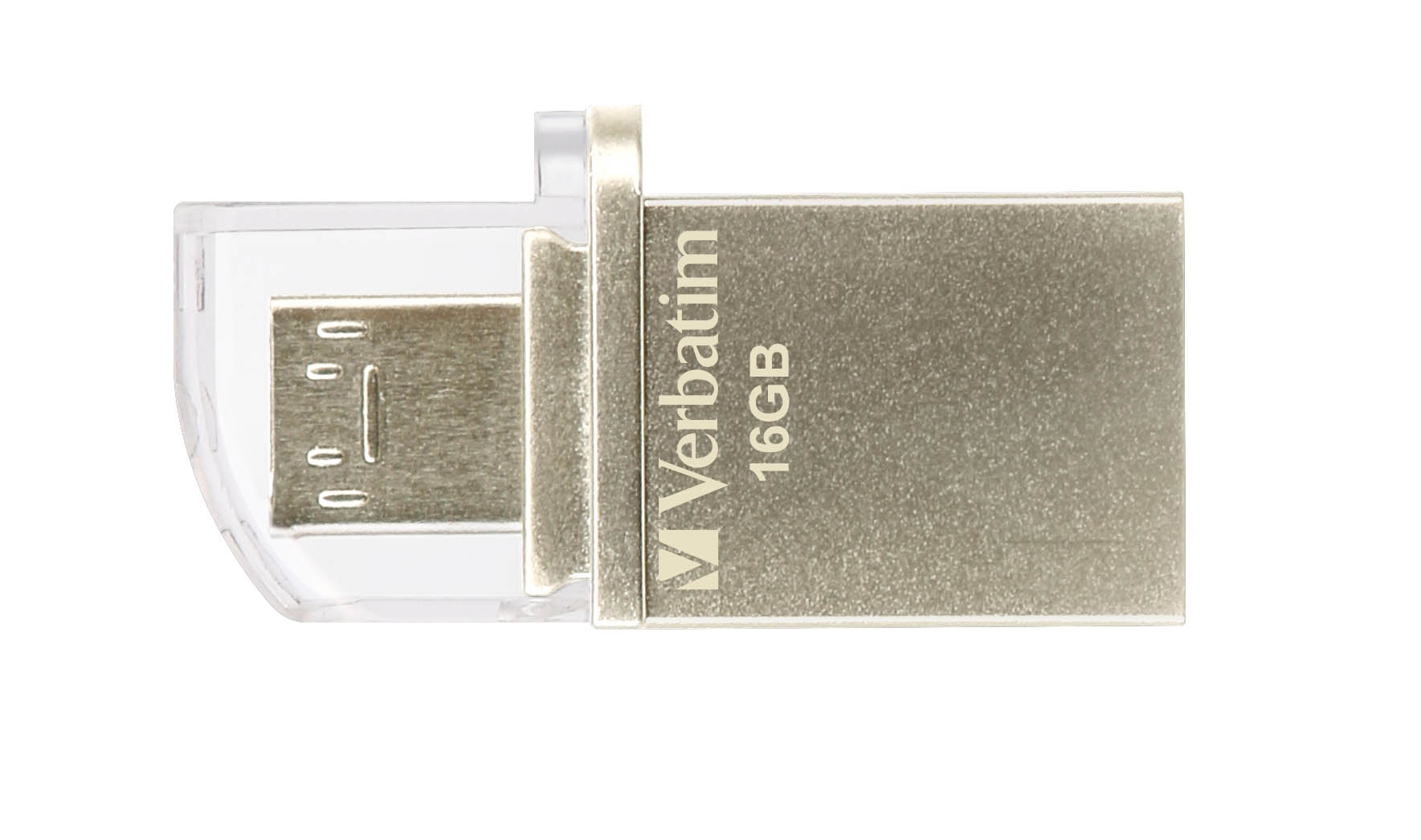 Srebrny i przezroczysty pendrive USB na białym tle. Napisano na nim Verbatim.
