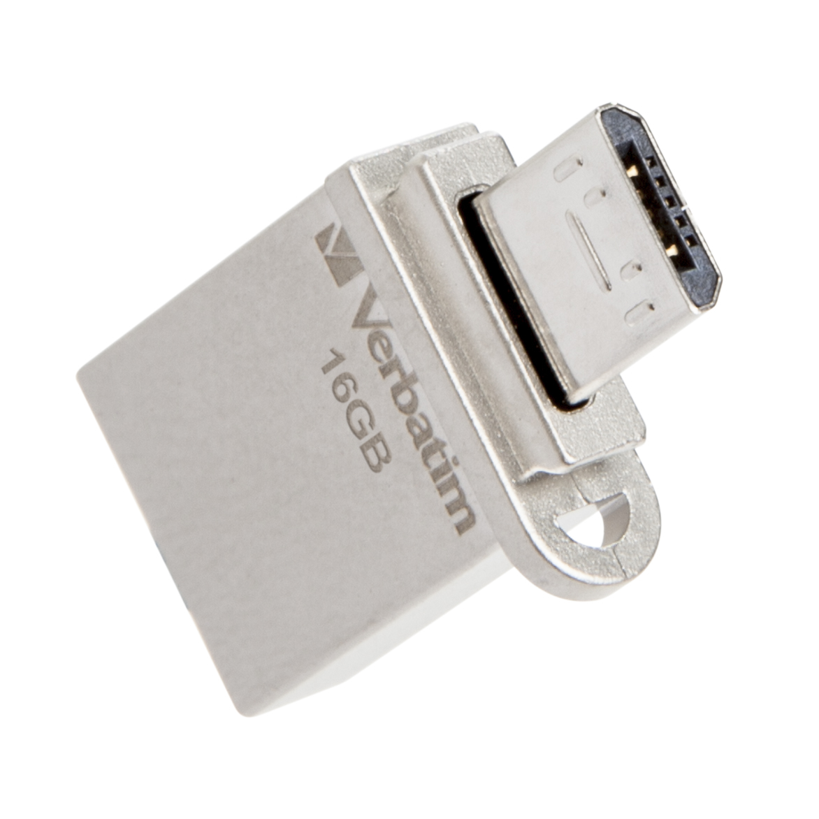 Srebrny pendrive Verbatim 16GB z wtykiem micro USB.