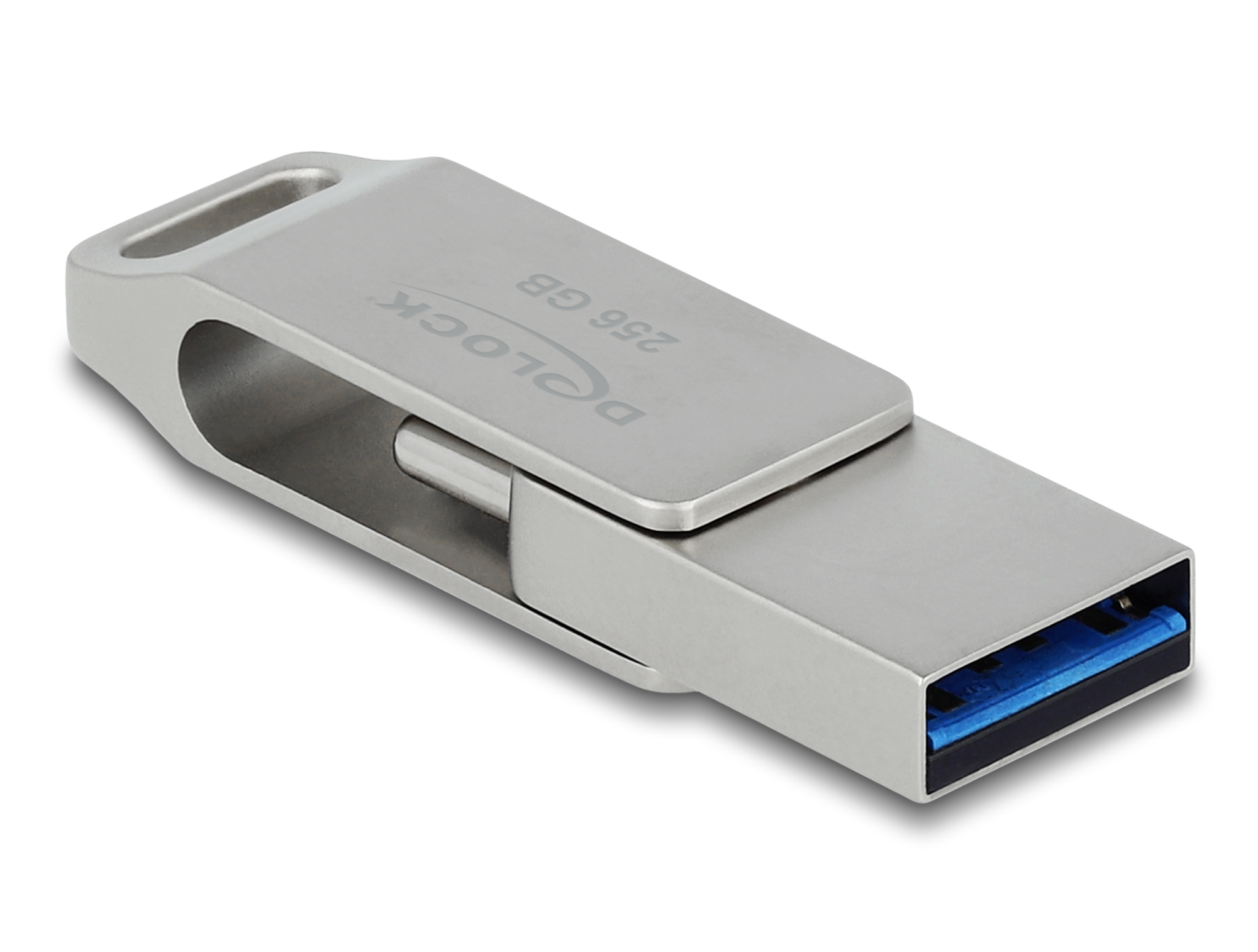 Srebrny pendrive z metalicznym wykończeniem, pokazujący złącze USB.