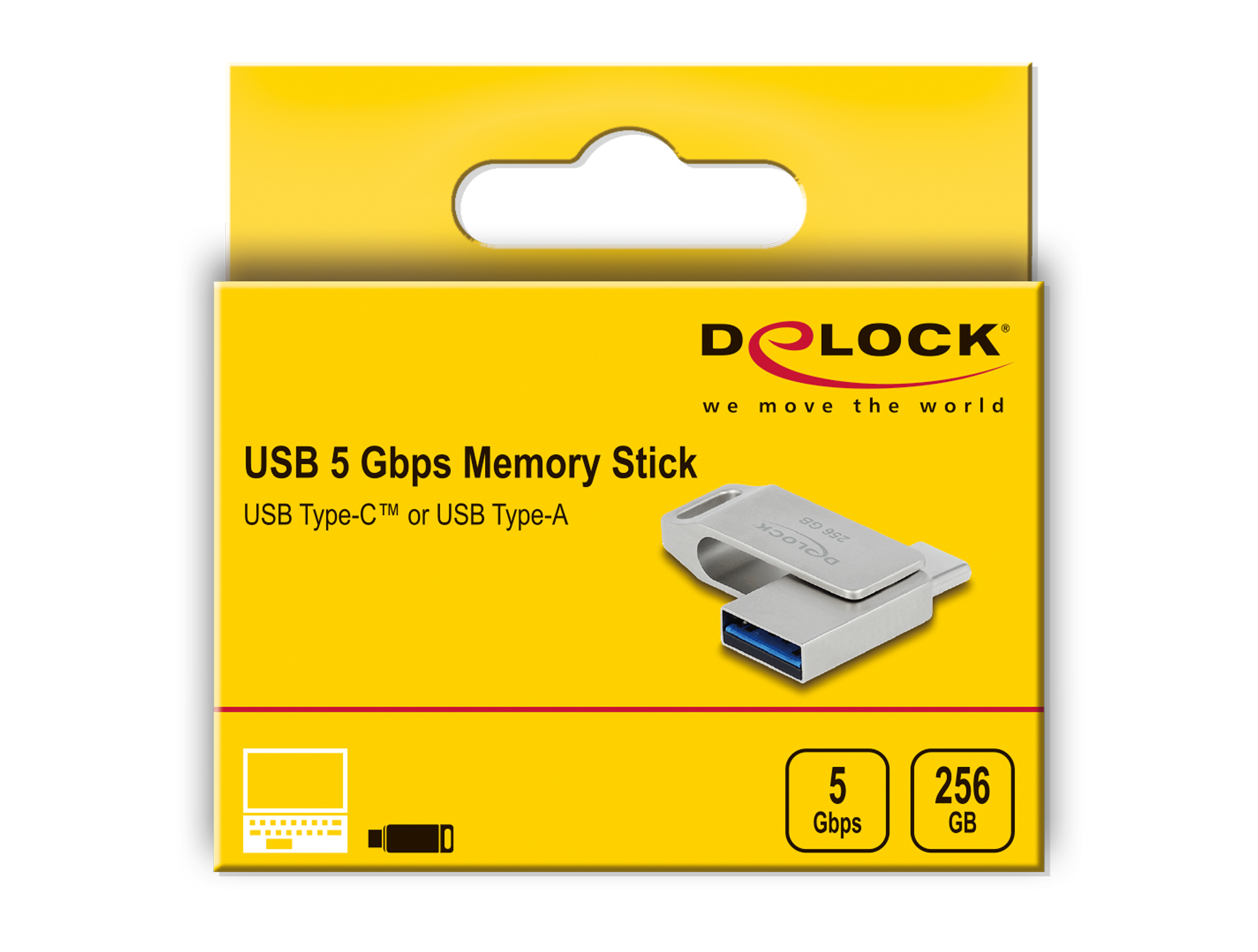 Żółto-białe pudełko ze srebrnym pendrivem w środku. Widnieje napis 'USB 5 Gbps Memory Stick'.