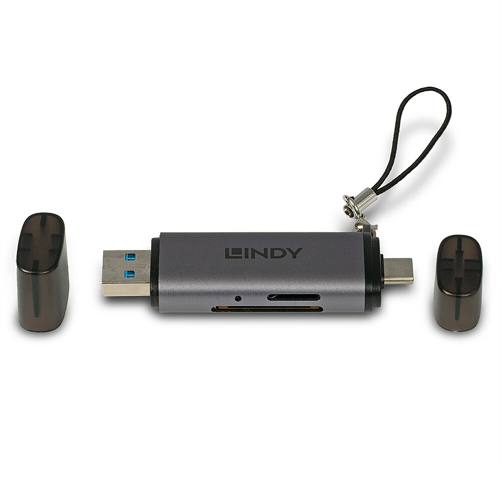 Szary adapter wieloportowy LINDY z złączem USB i USB-C. Dwie czarne osłony po bokach.