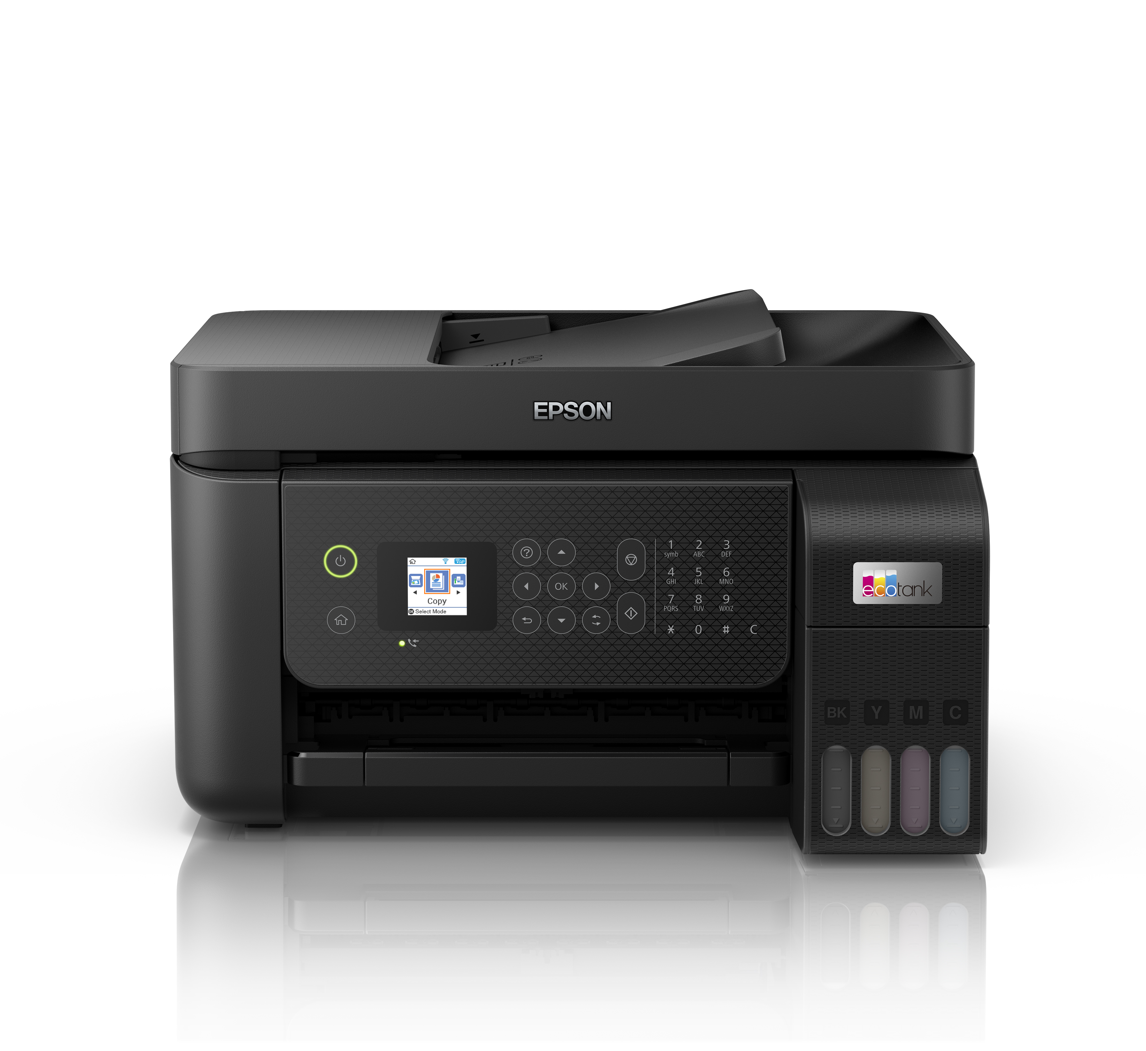 Siyah Epson yazıcı. Önden görünüm. Renkli ekranı ve düğmeleri var. Epson logosu üst kısımda.