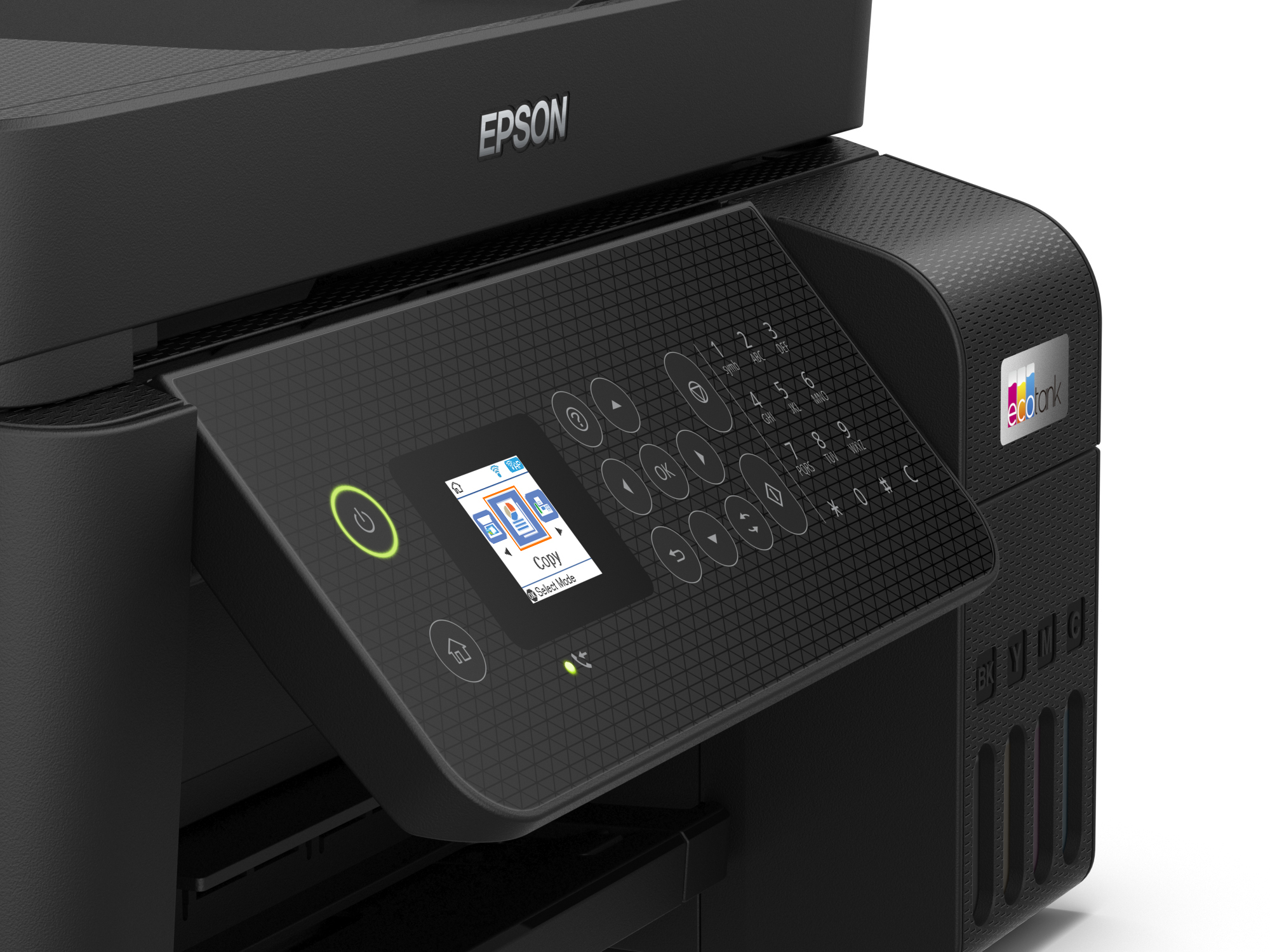 Epson yazıcısının kontrol panelinin yakın çekimi. Panel açılı. Güç düğmesi ve ekran görünür.