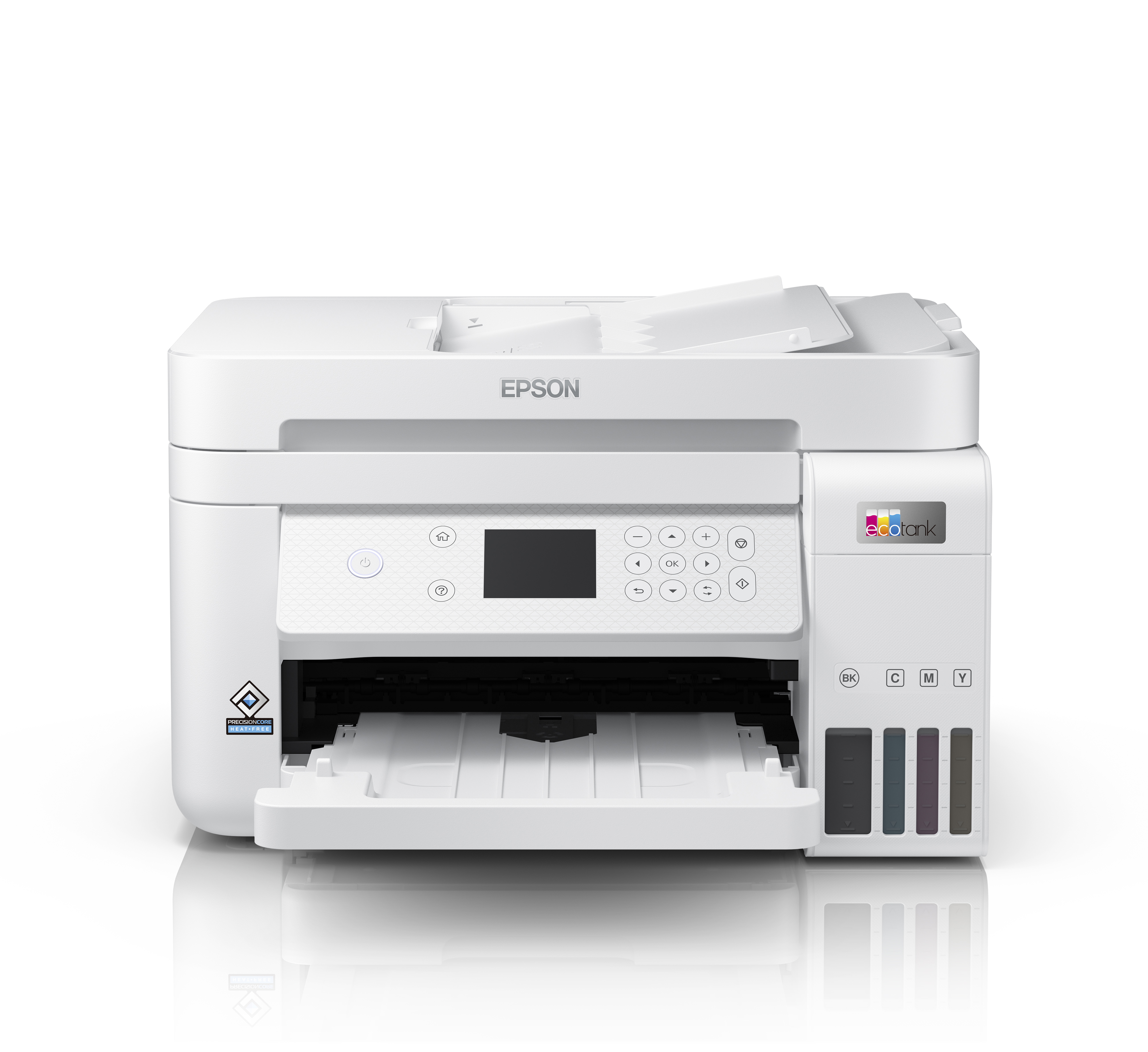 Biała drukarka Epson z podajnikiem papieru i pojemnikami na tusz po prawej stronie.