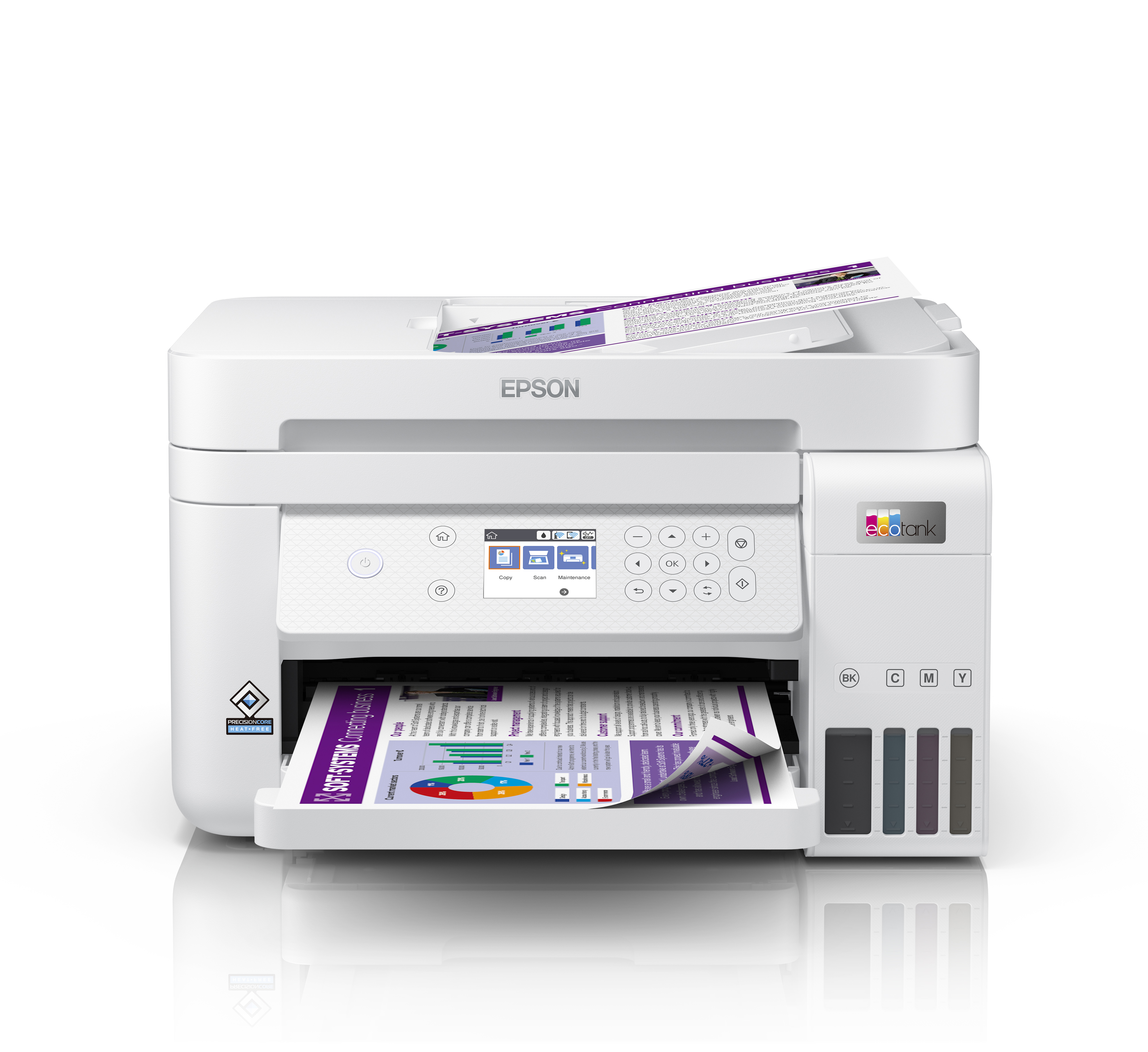 Biała drukarka Epson drukująca dokument z podajnika papieru. Zbiorniki z tuszem po prawej.