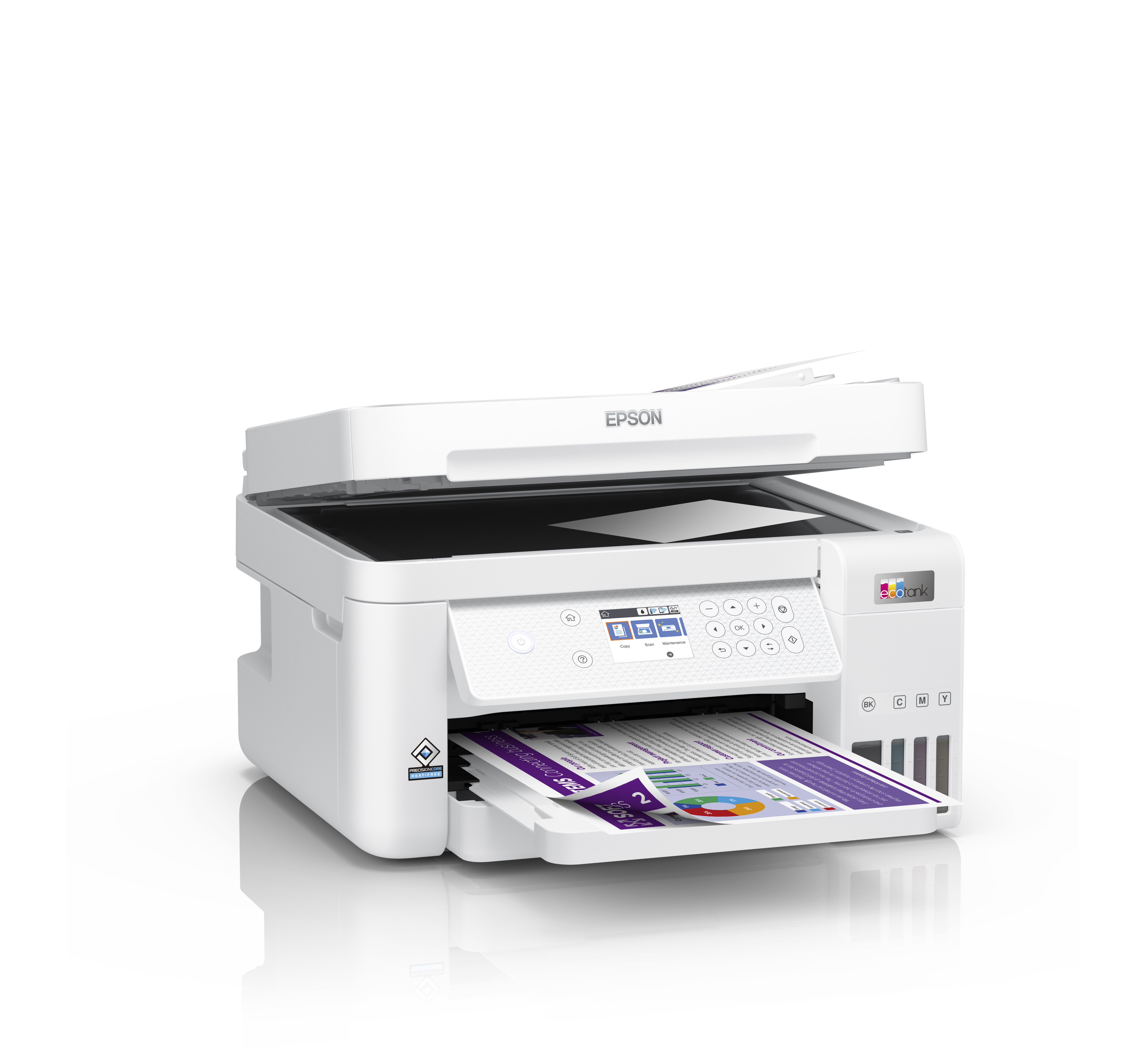 Biała drukarka Epson z otwartą górą, drukująca dokument z podajnika papieru.
