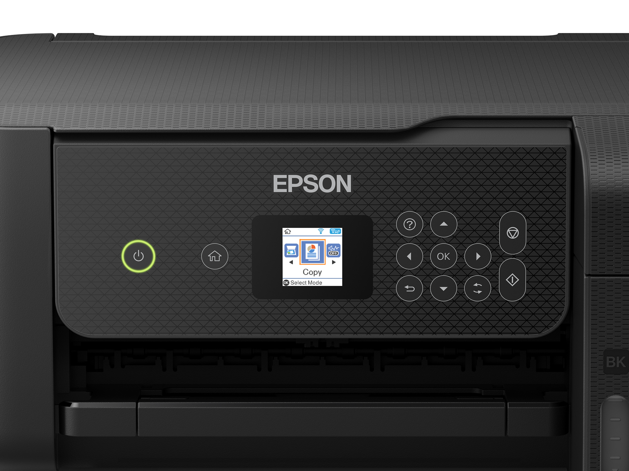 Bir Epson yazıcının kontrol panelinin yakın çekimi. Panelde bir ekran, düğmeler ve bir Epson logosu bulunur.