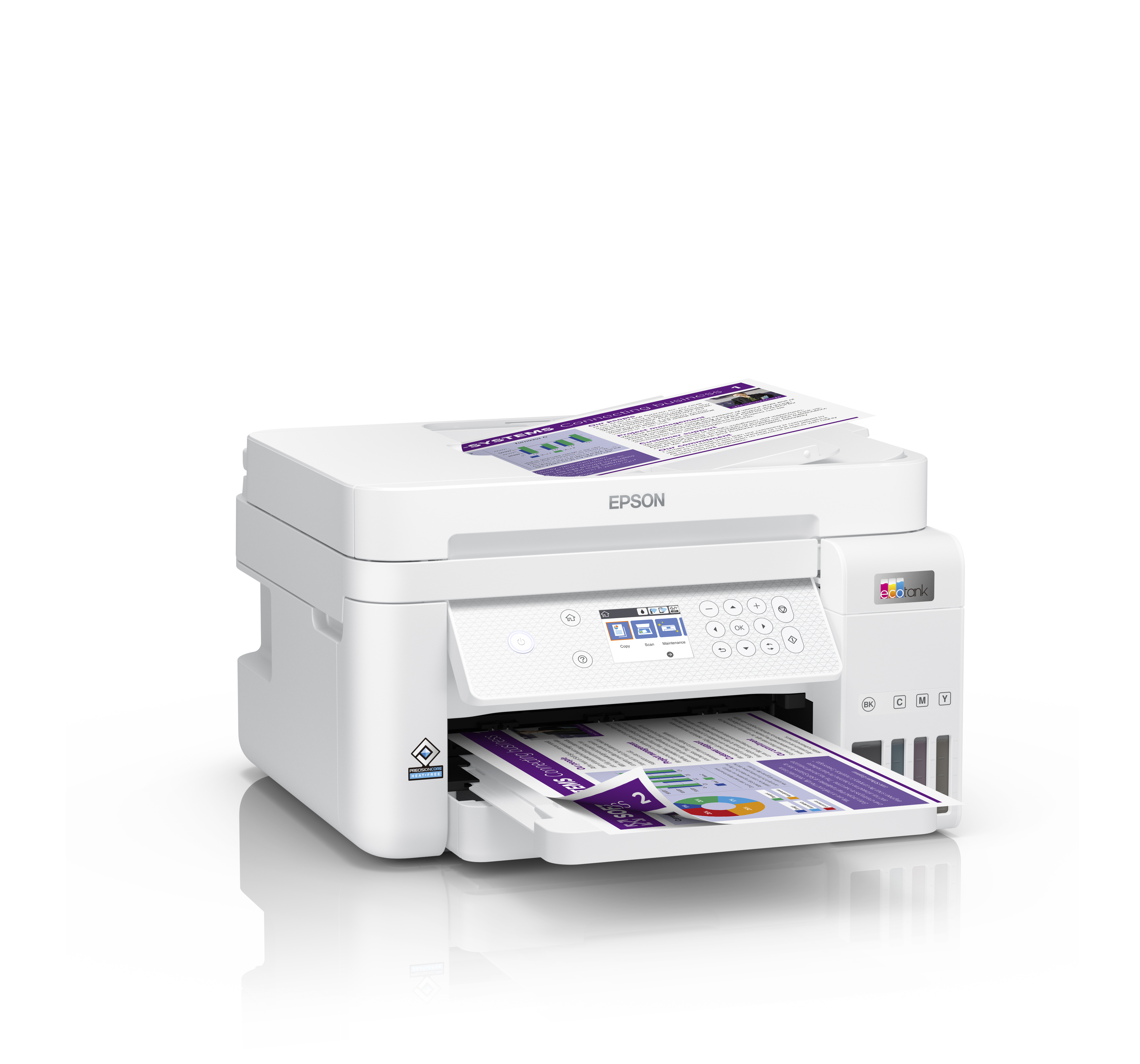 Biała drukarka Epson z otwartą górą, drukująca dokument z podajnika papieru.