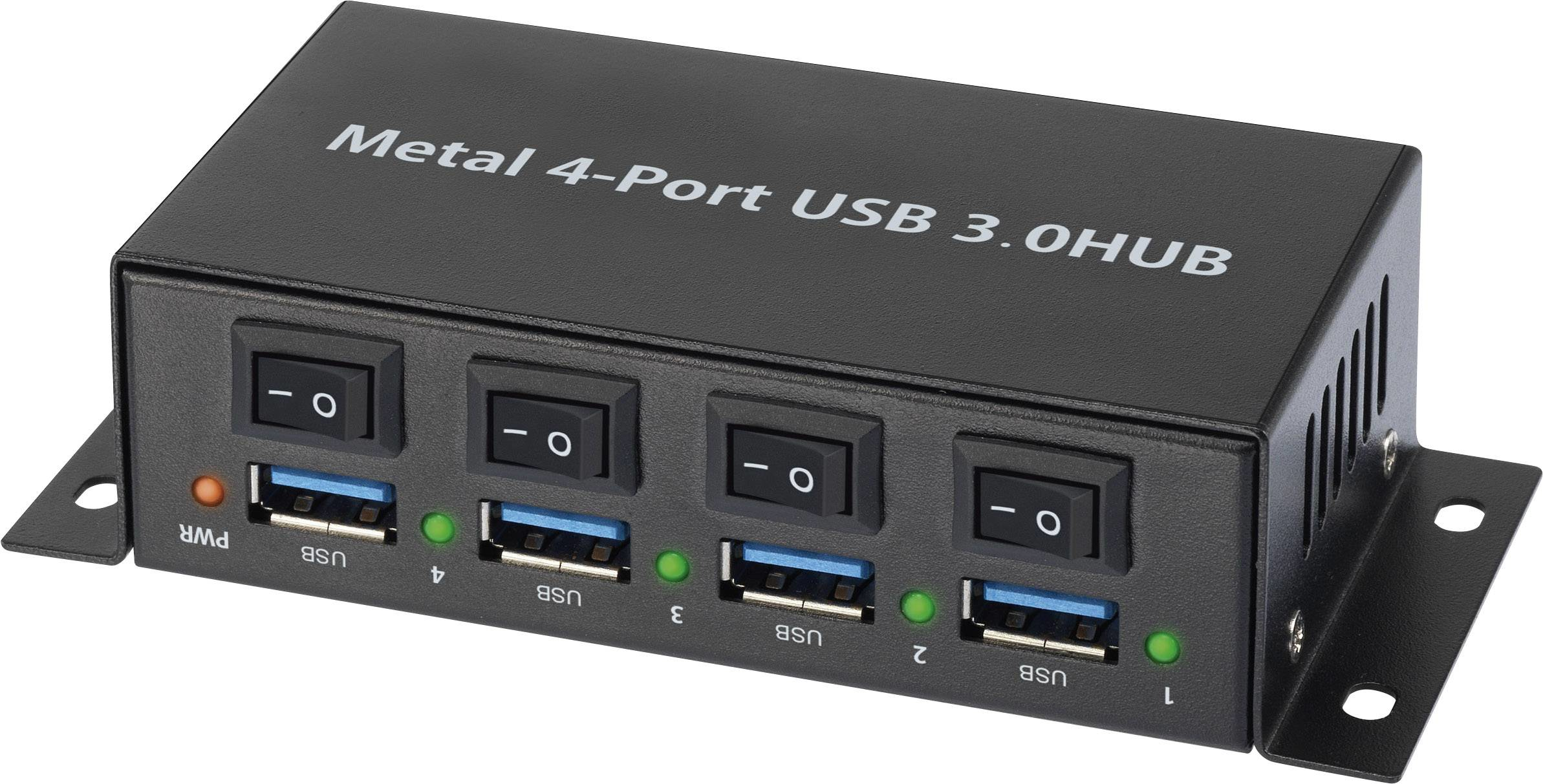 Hub USB 3.0 nero con quattro porte e interruttori. Lo sfondo è bianco.