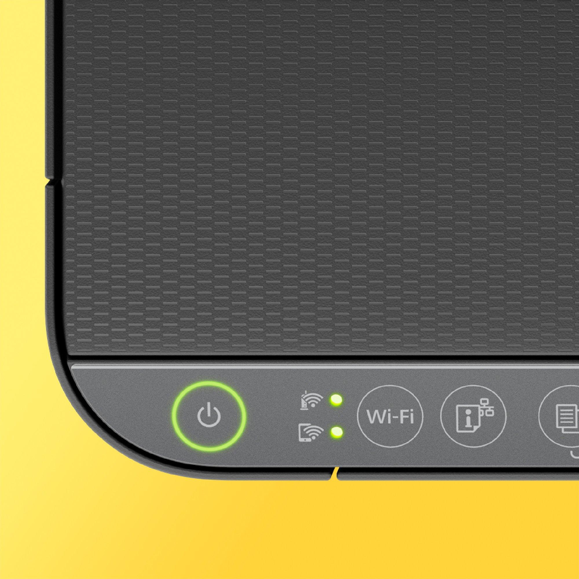 Gros plan sur le panneau de commande d'une imprimante avec bouton d'alimentation et indicateur Wi-Fi.