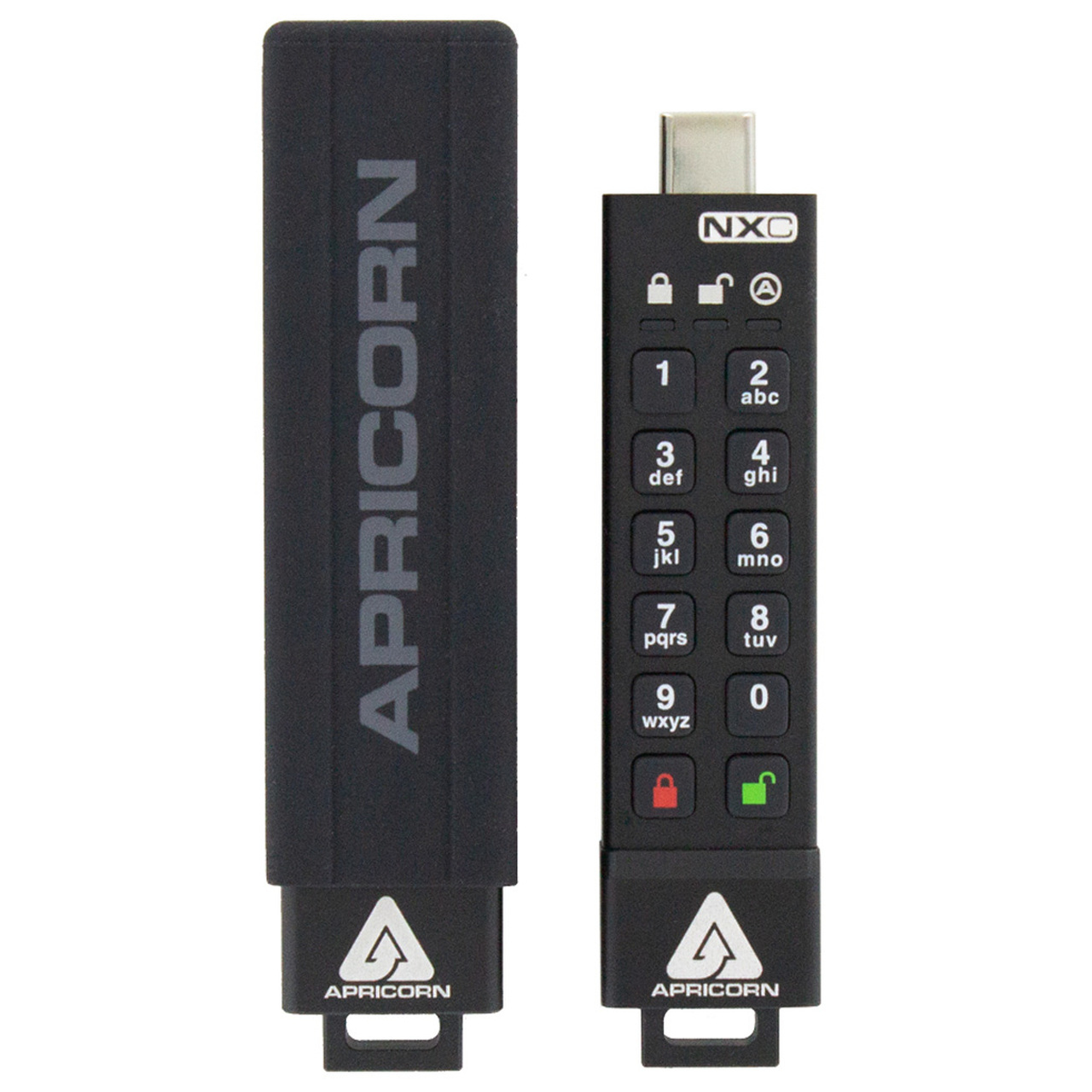 Zwarte USB-stick met toetsenbord en hoes. Merk Apricorn is zichtbaar.