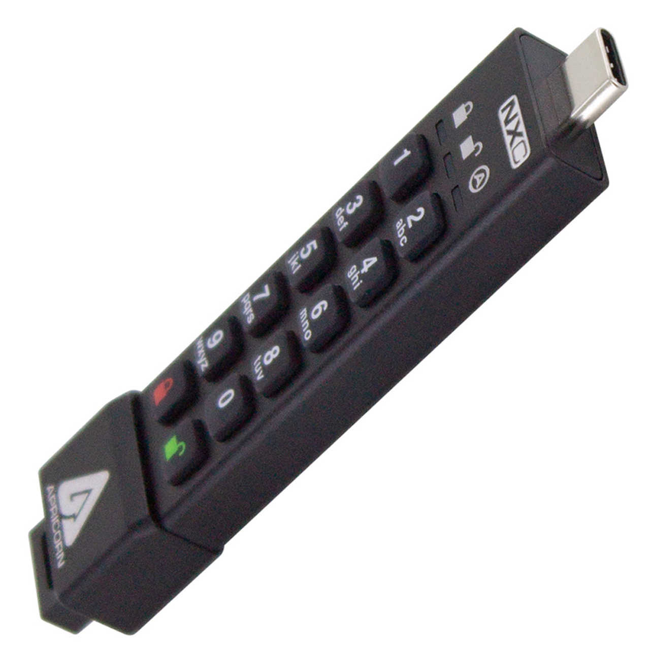 Zwart, rechthoekig beveiligingsapparaat in toetsenbordstijl met een USB-C-connector.