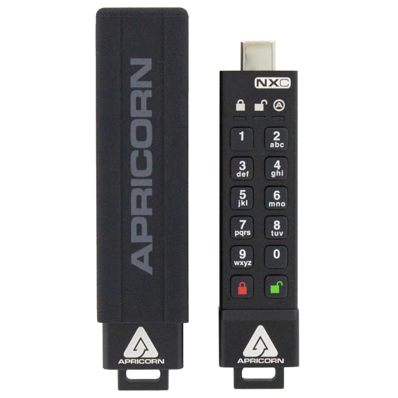 Twee zwarte USB-flashdrives. Eén met toetsenbord en de andere met het logo.