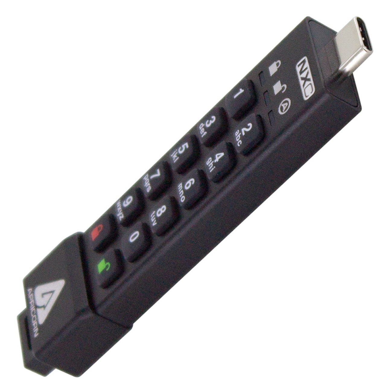 Zwart, rechthoekig, genummerd toetsenbordapparaat met een USB-C-connector aan het uiteinde.