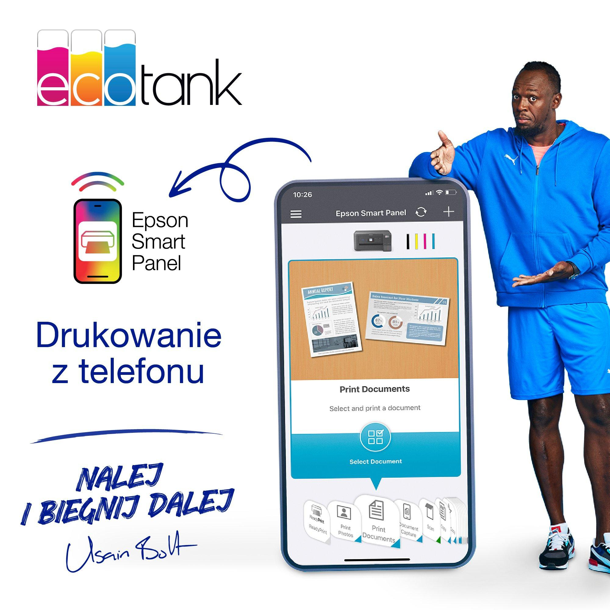 Usain Bolt avec un téléphone affichant l'application d'impression. Texte en polonais sur l'impression depuis un téléphone.