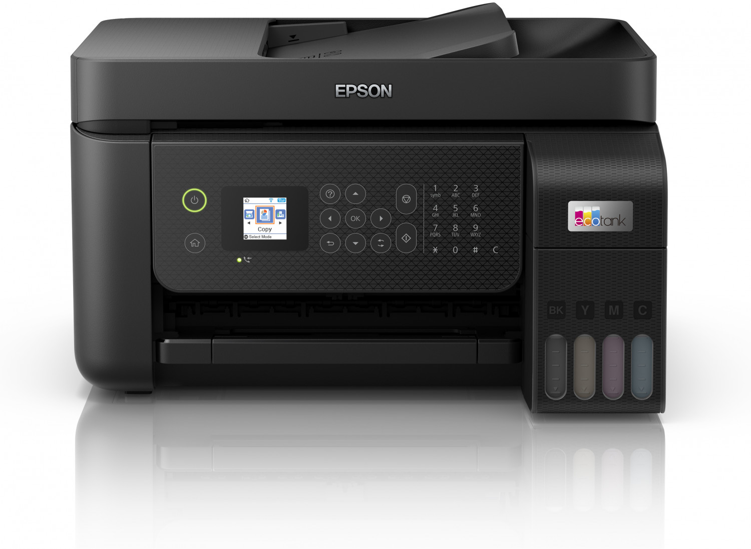 Stampante Epson nera con display touchscreen e cartucce d'inchiostro.