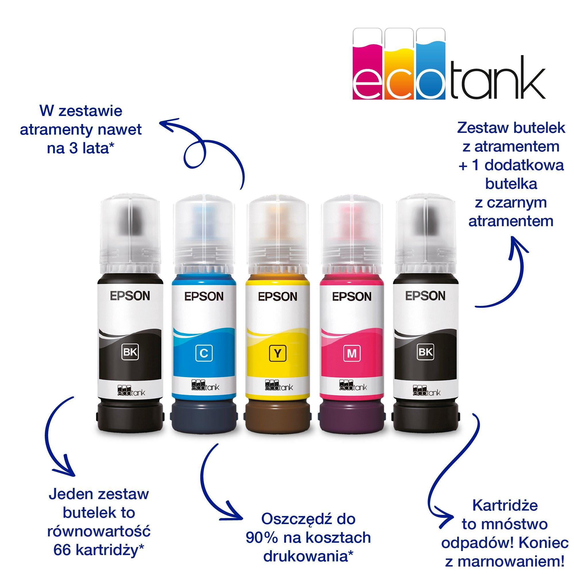 Cinq bouteilles d'encre Epson, noir, bleu, jaune, magenta et noir, avec flèches et texte.