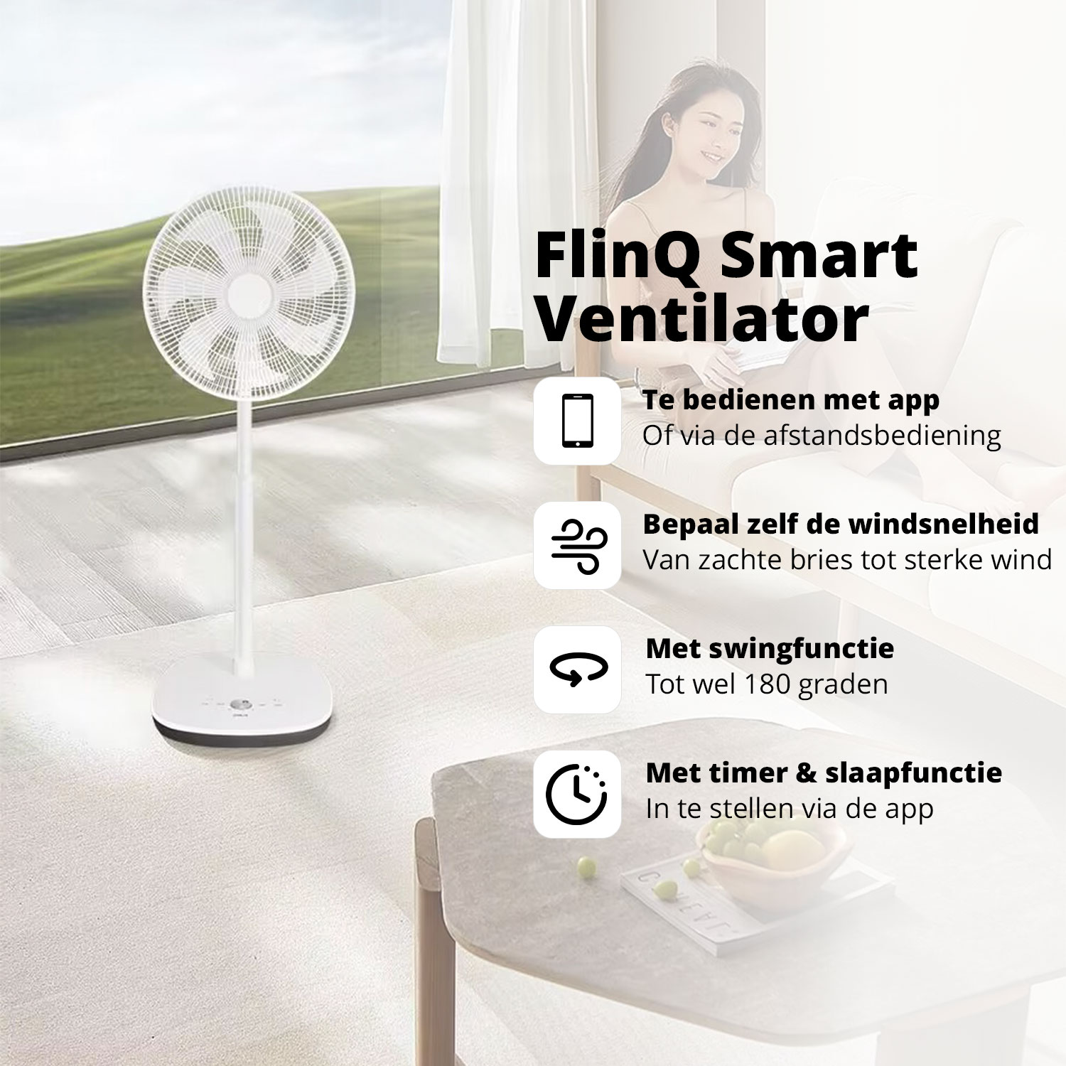 Ventilateur intelligent FlinQ blanc avec une femme en arrière-plan. Texte sur les fonctionnalités du ventilateur.
