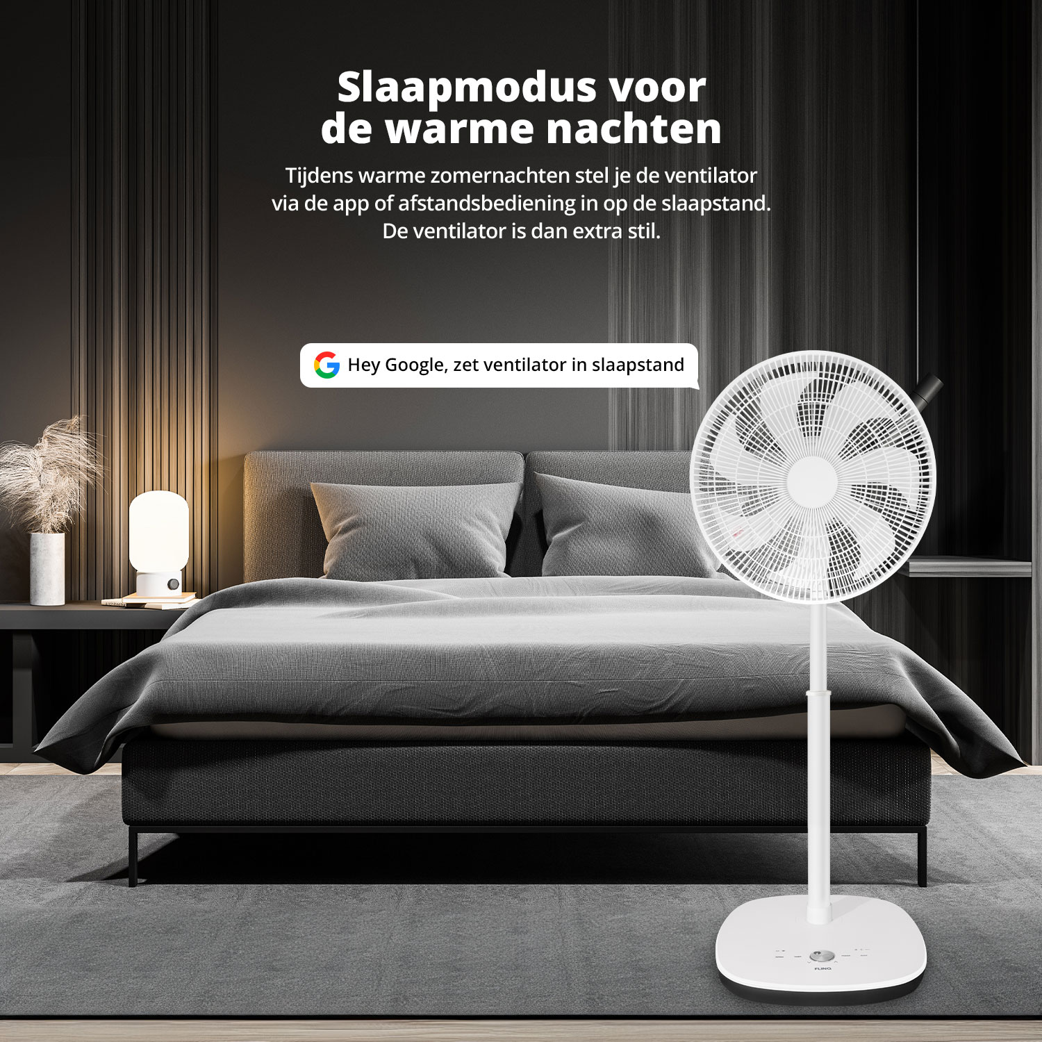 Scène de chambre avec ventilateur blanc et lit, avec texte sur le mode veille.