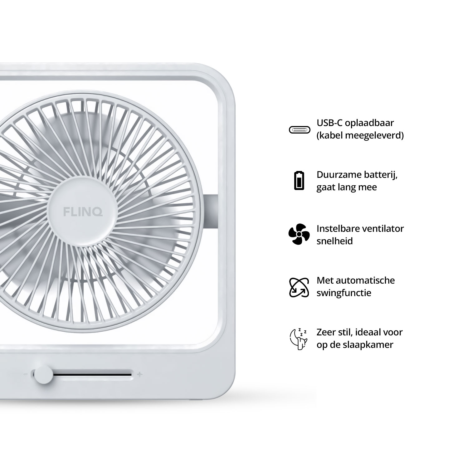 Un ventilateur blanc avec une cage ronde et FLINQ.