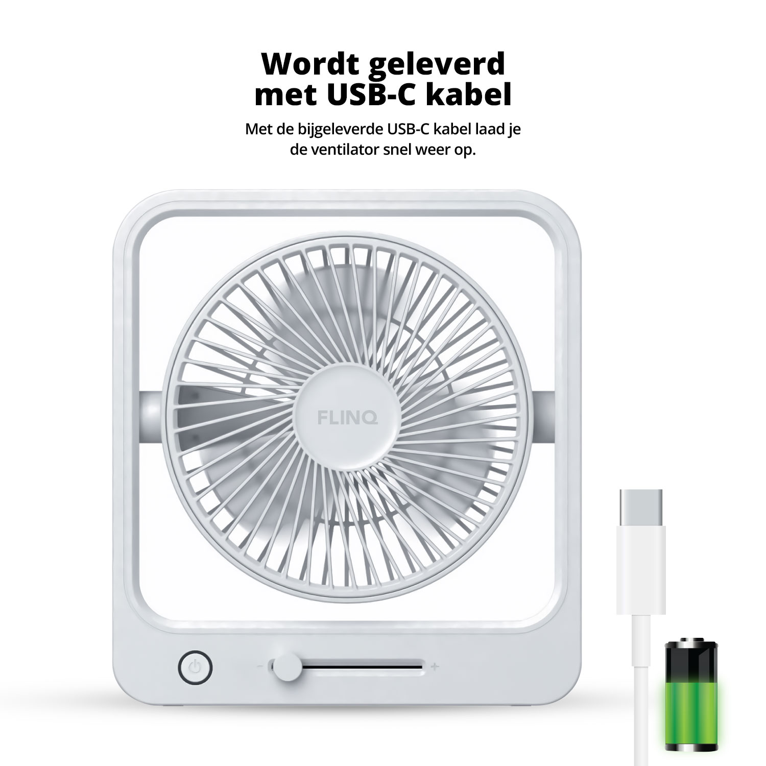 Ventilateur portable blanc avec câble USB-C, icône de batterie et texte en néerlandais.