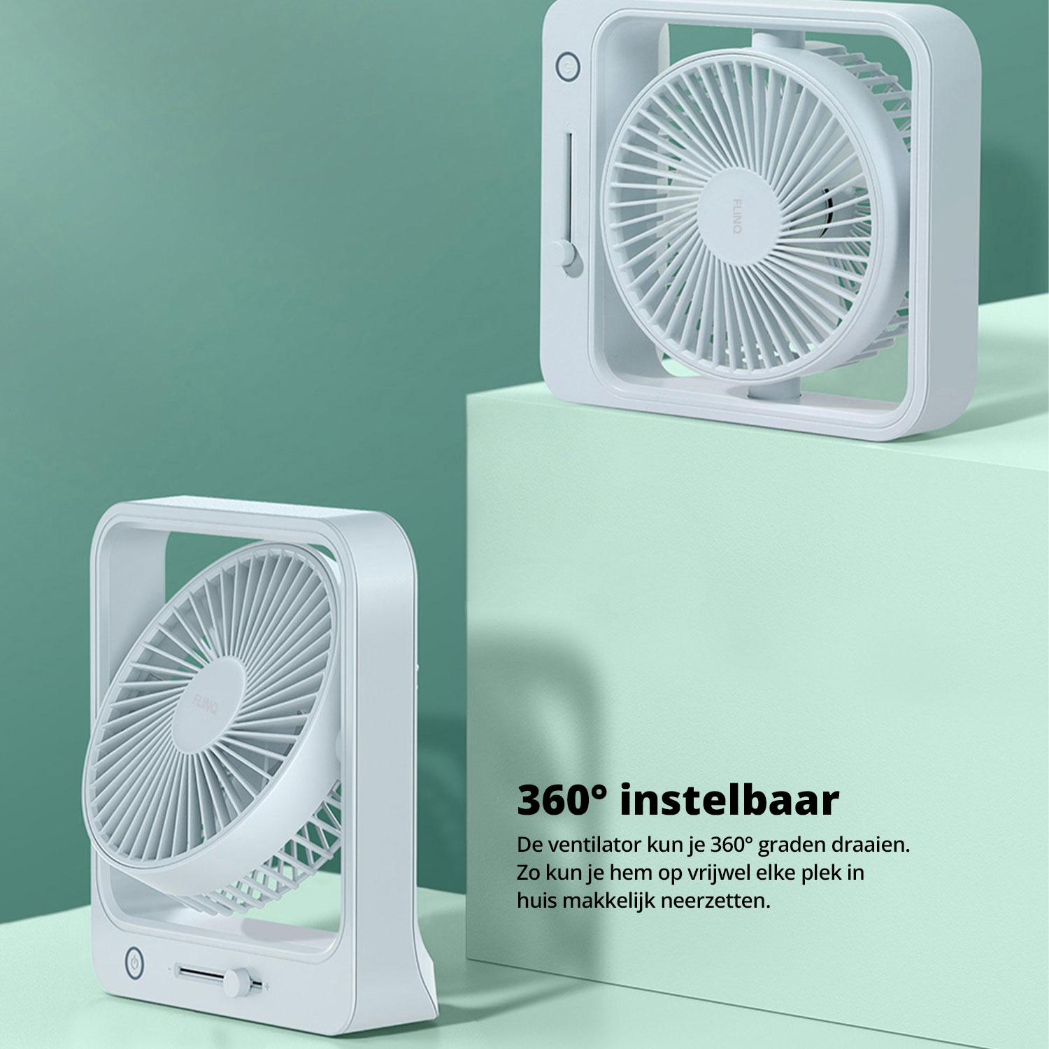 Deux ventilateurs blancs. L'un est incliné. Le texte indique 360° réglable. Les ventilateurs sont blancs.