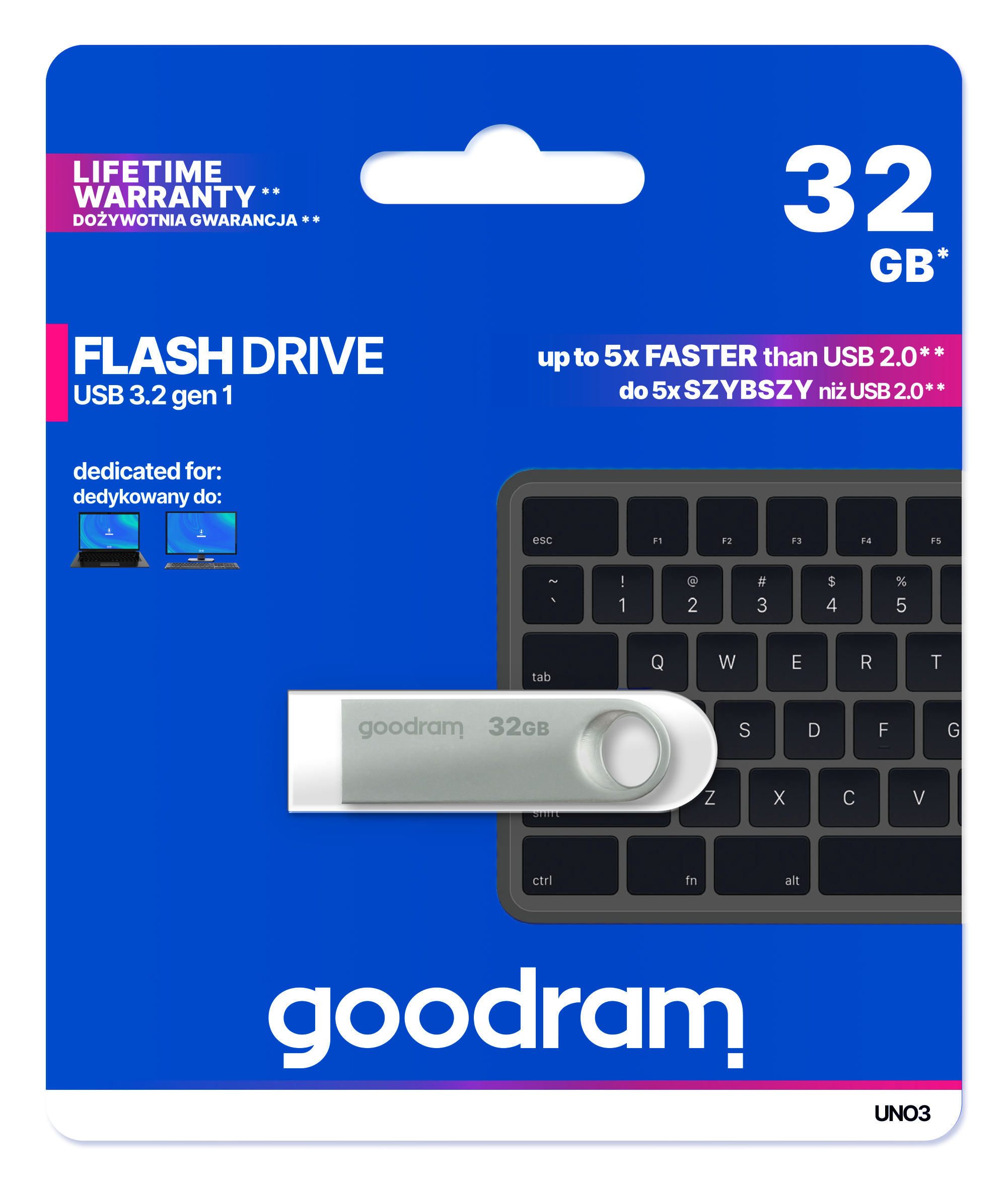 Pendrive Goodram w opakowaniu, ze szczegółami dotyczącymi dysku i klawiatury.