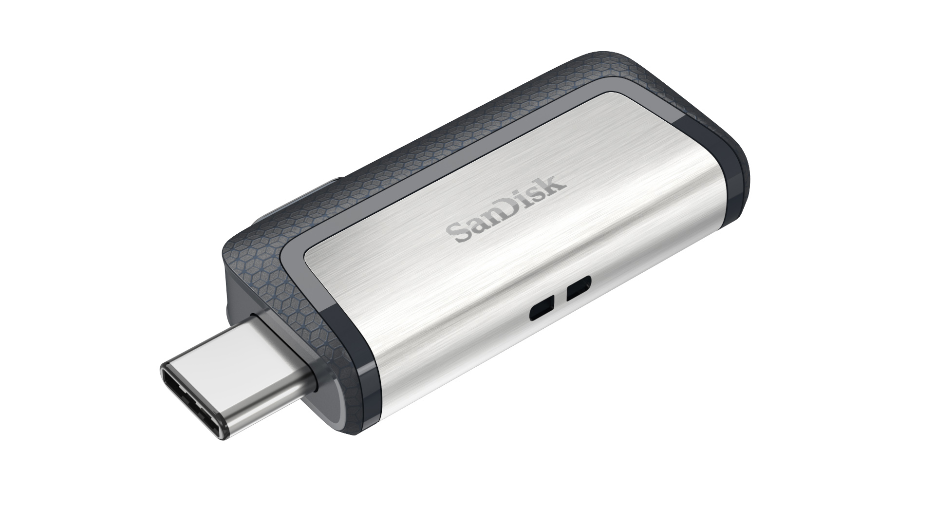 Srebrno-czarny pendrive SanDisk. Złącze USB-C i logo SanDisk.