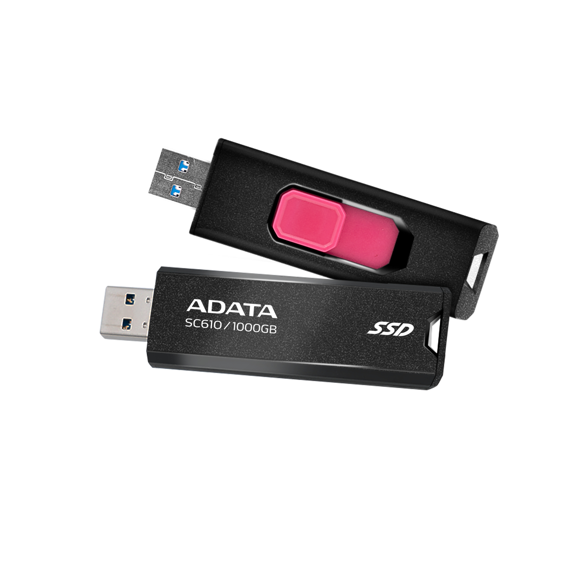 Dwa czarne i różowe pendrive'y USB, marki ADATA, na białym tle.