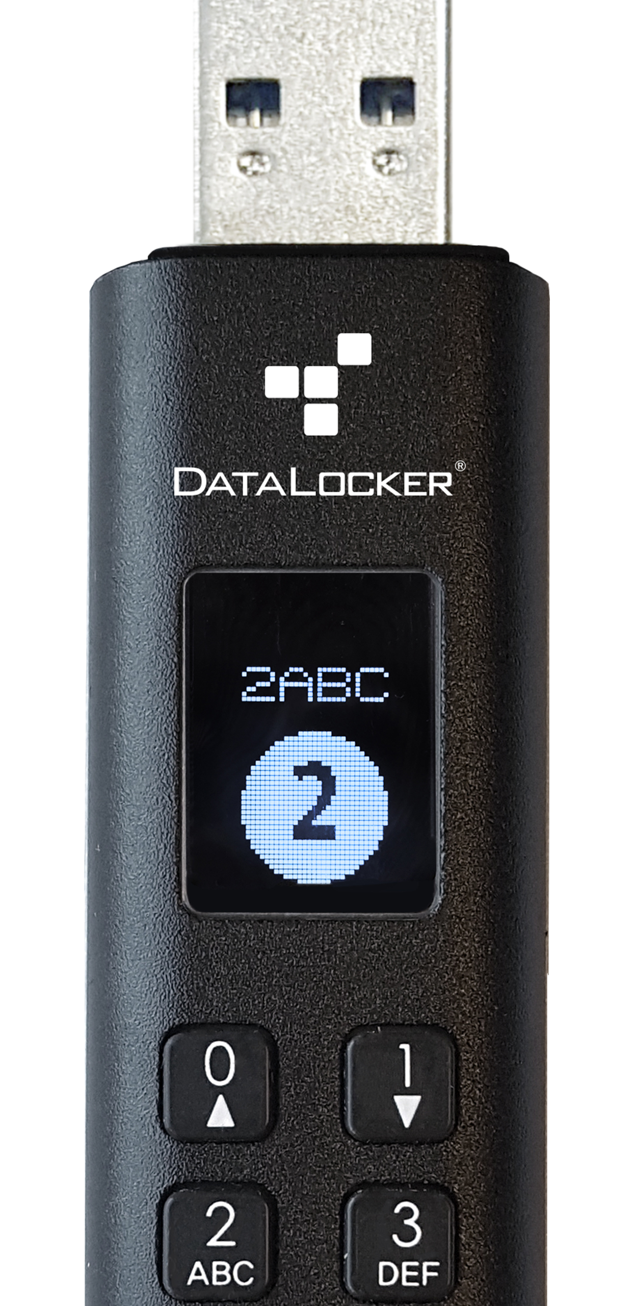 Zwarte USB-beveiligingssleutel met een 2 op het scherm. Cijfers en letters op het toetsenbord.